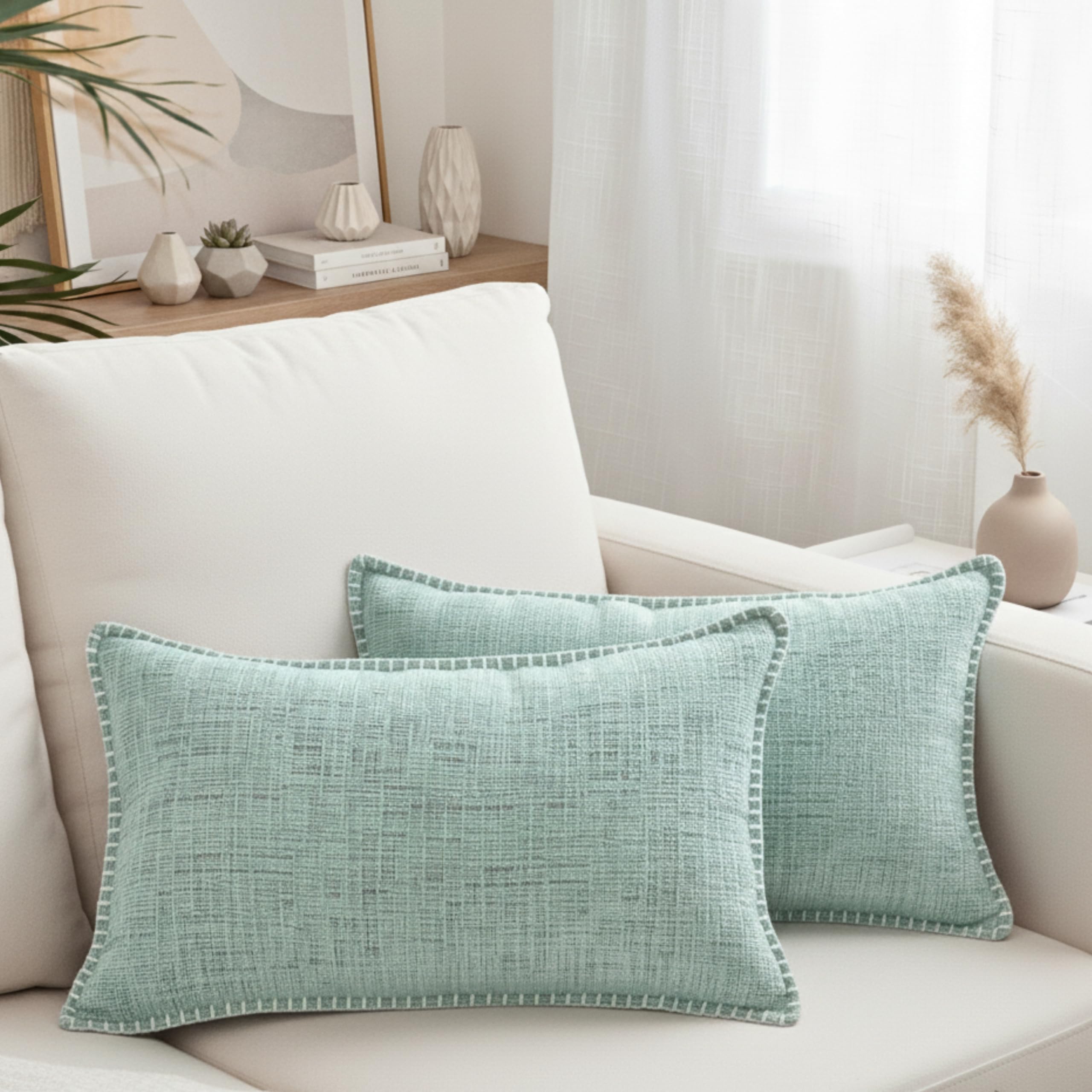 12x20 Lumbar Pillow Covers Mint Green Textured Velvet Soft Chenille Rectangular Cushion Covers for Chairs Sofa Couch Living Room Turquoise Small