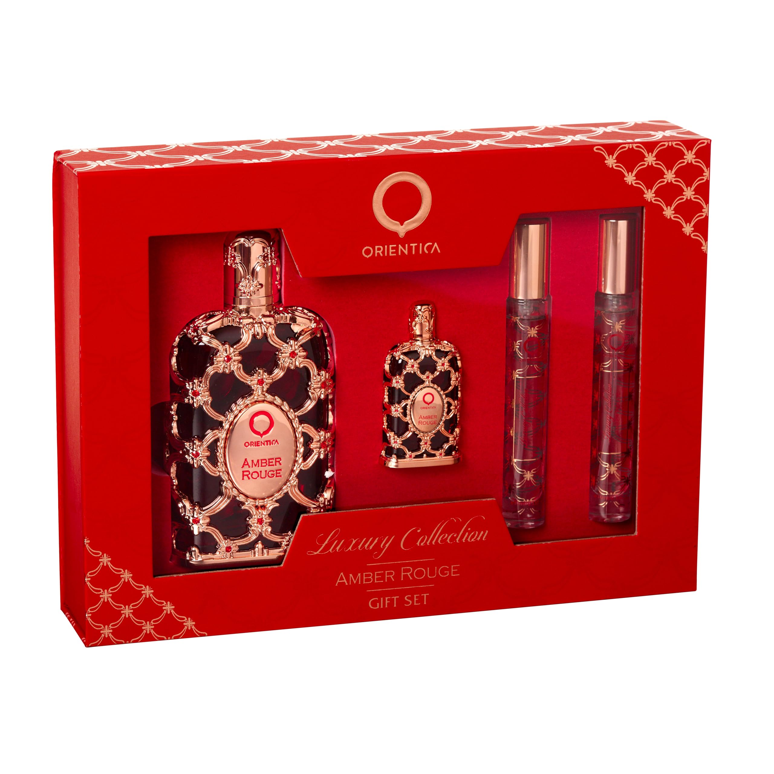 Orientica Amber Rouge für Frauen – 4 Stück Geschenk-Set EDP 2,7 oz Spray, 3 x 10 ml EDP Spray