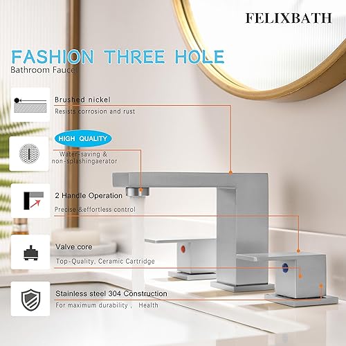 Miniatura 2 de FELIXBATH Grifo de baño de 3 agujeros para fregadero, grifo de lavabo de baño de 8 pulgadas con drenaje desplegable, grifo de tocador de dos manijas
