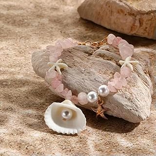 Pulsera Ajustable de Cristal Natural con Concha, Perla y Estrella de mar, Regalo para Mujer, Color Rosa