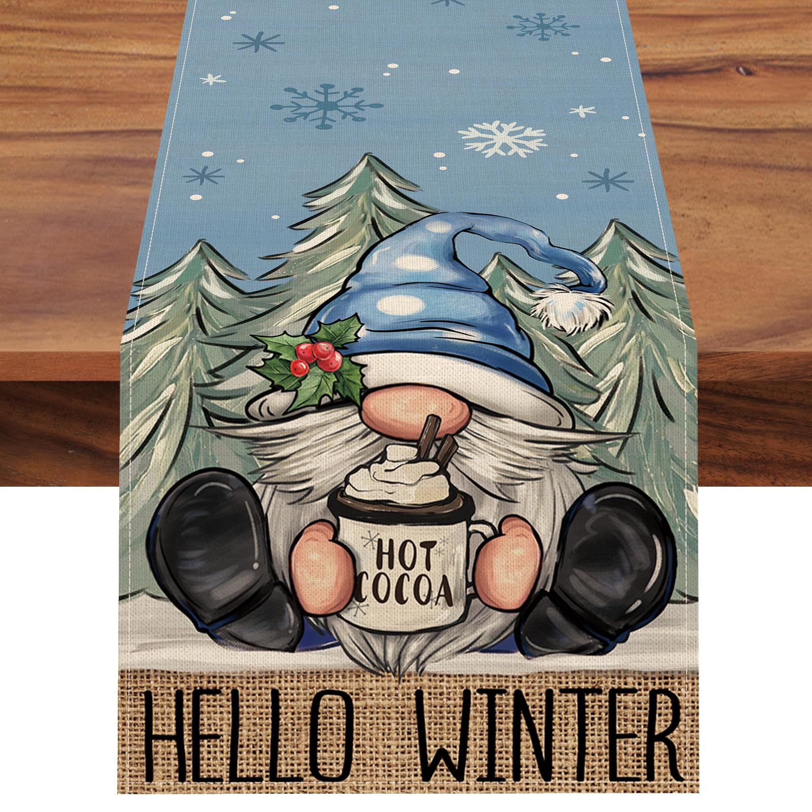 Seliem Hello Winter Blue Gnome Table Runner, Pine Tree Snowflake Hot Cocoa Farmhouse Kitchen Dining Table Decor, Christmas Holiday Rustic Home Decoration Indoor Outdoor Party Supply 13 x 72 Inches