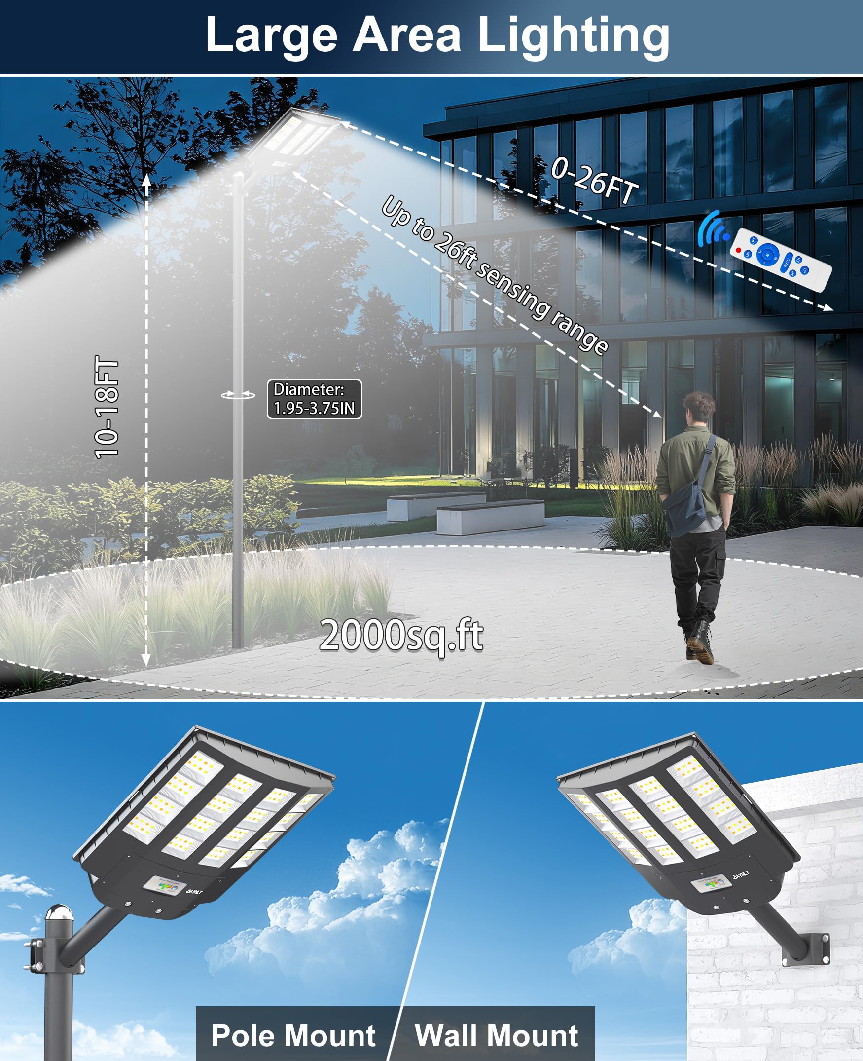 JAYNLT Y-4000W Lampione Solare da Esterno, Faro led Esterno con Sensore di Movimento e Telecomando, 3000K/4000K/6500K Lampioni Stradale Solare IP67 per Cortili, Garage, Fattorie