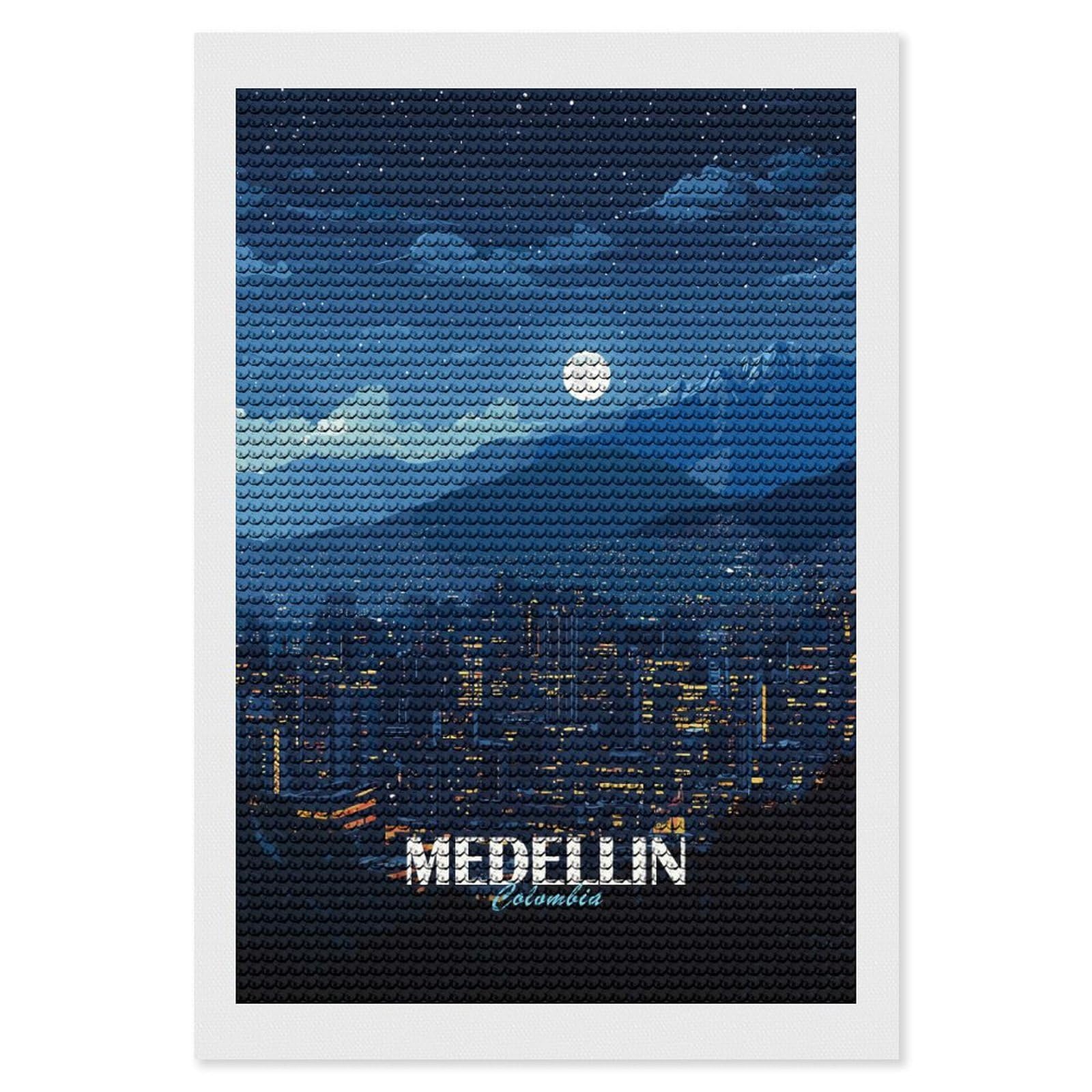 Junmoney Medellin Colombia Night Cityscape Diamond Painting Canvas Kit 8"x12", Adhesive Canvas, Living Room Decor, Farmhouse Decor, Winter Craft