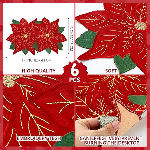 Miniatura 8 de Yingzhao 6 manteles individuales bordados de flor de pascua de Navidad de doble capa, manteles individuales con apliques rojos, manteles