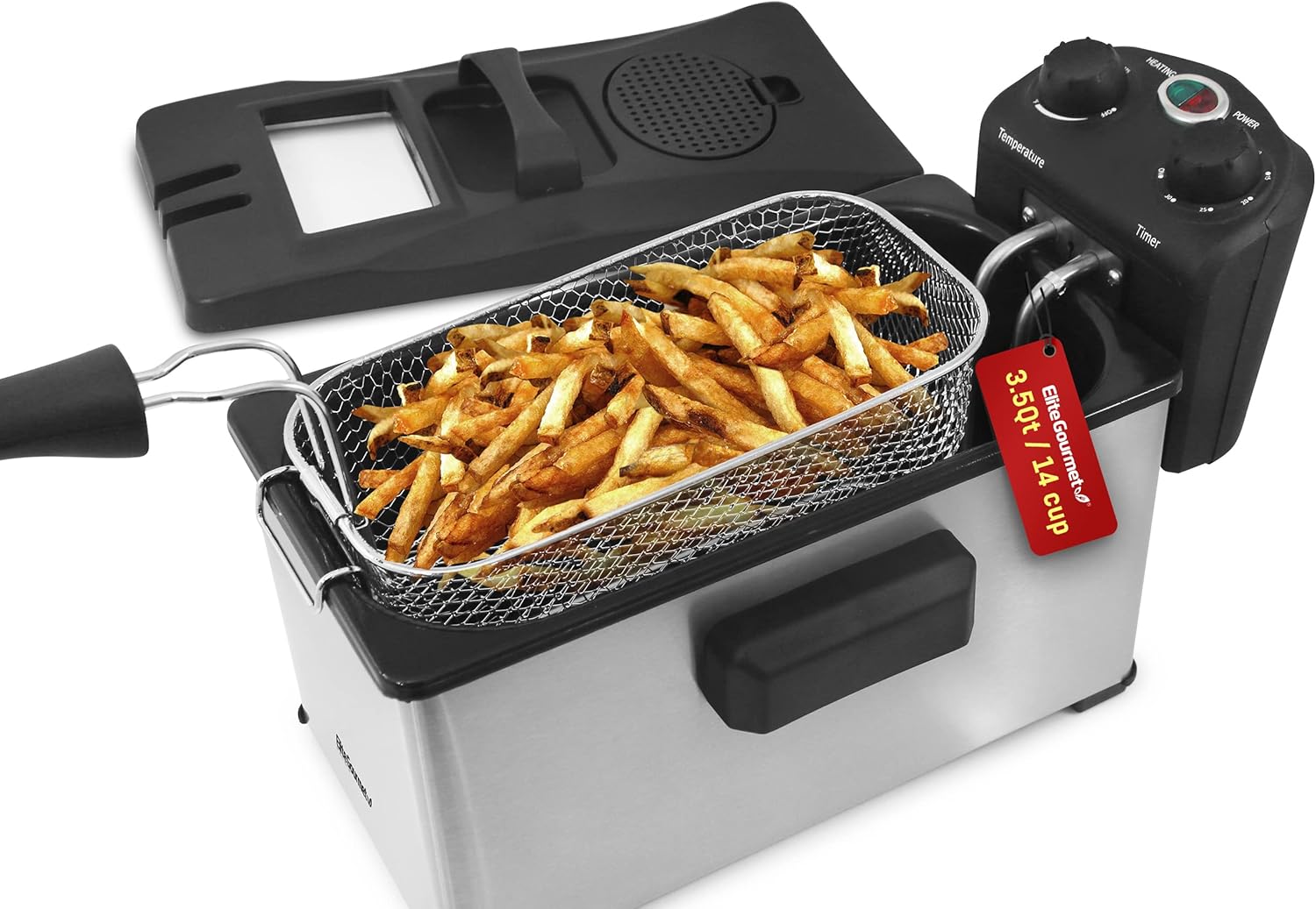 Elite Gourmet EDF-3500 Electric Immersion Deep Fryer. Removable Basket, Timer Control Adjustable Temperature, Lid with Viewing Window and Odor Free Filter,Stainless Steel,3.5 Quart / 14 Cup