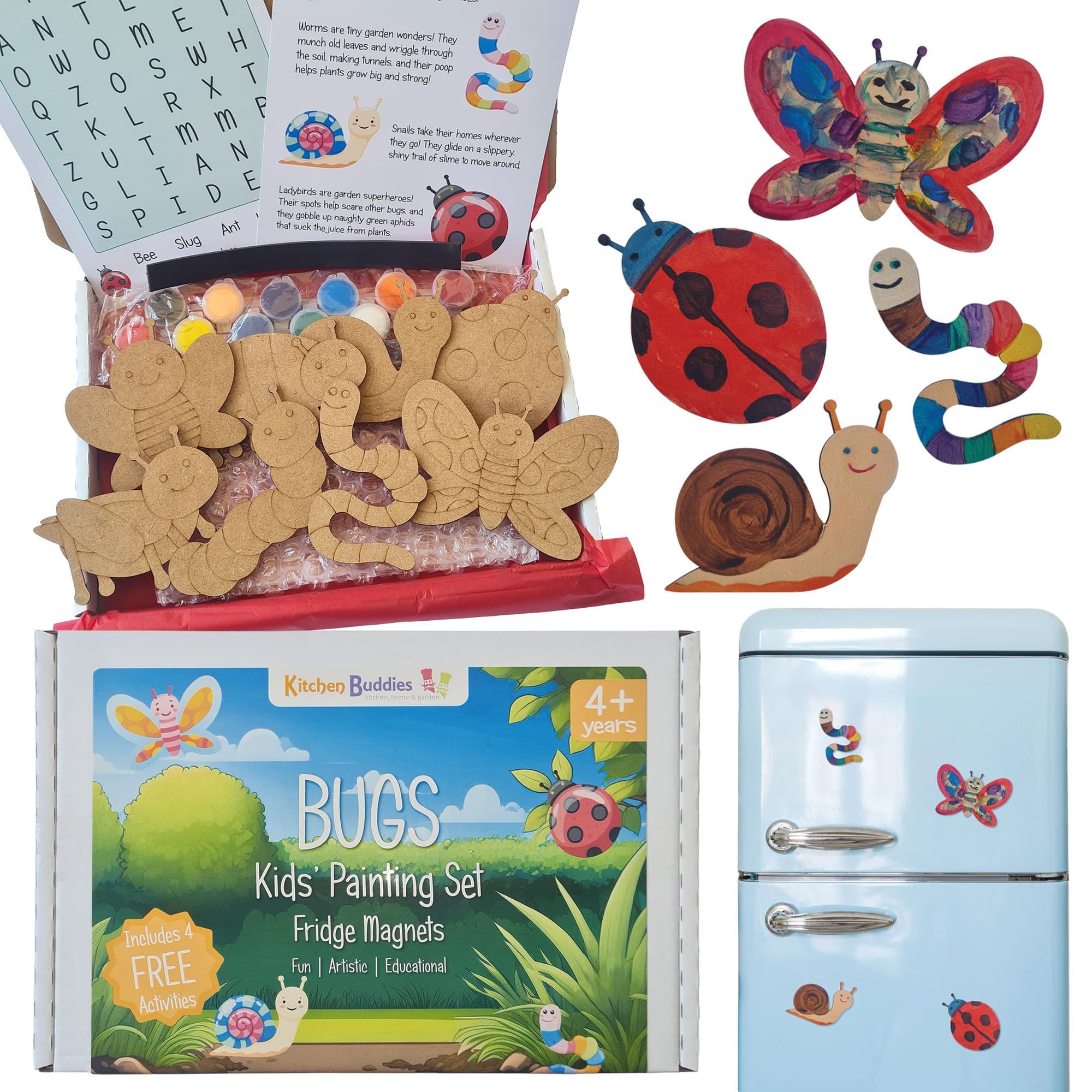 Kitchen Buddies Bugs Kids Painting Set 4+ - Fridge Magnets - 8 Shapes, Paint Set & 2 Brushes, Self-Adhesive Magnetic Tape & 4 Bonus Themed Activities