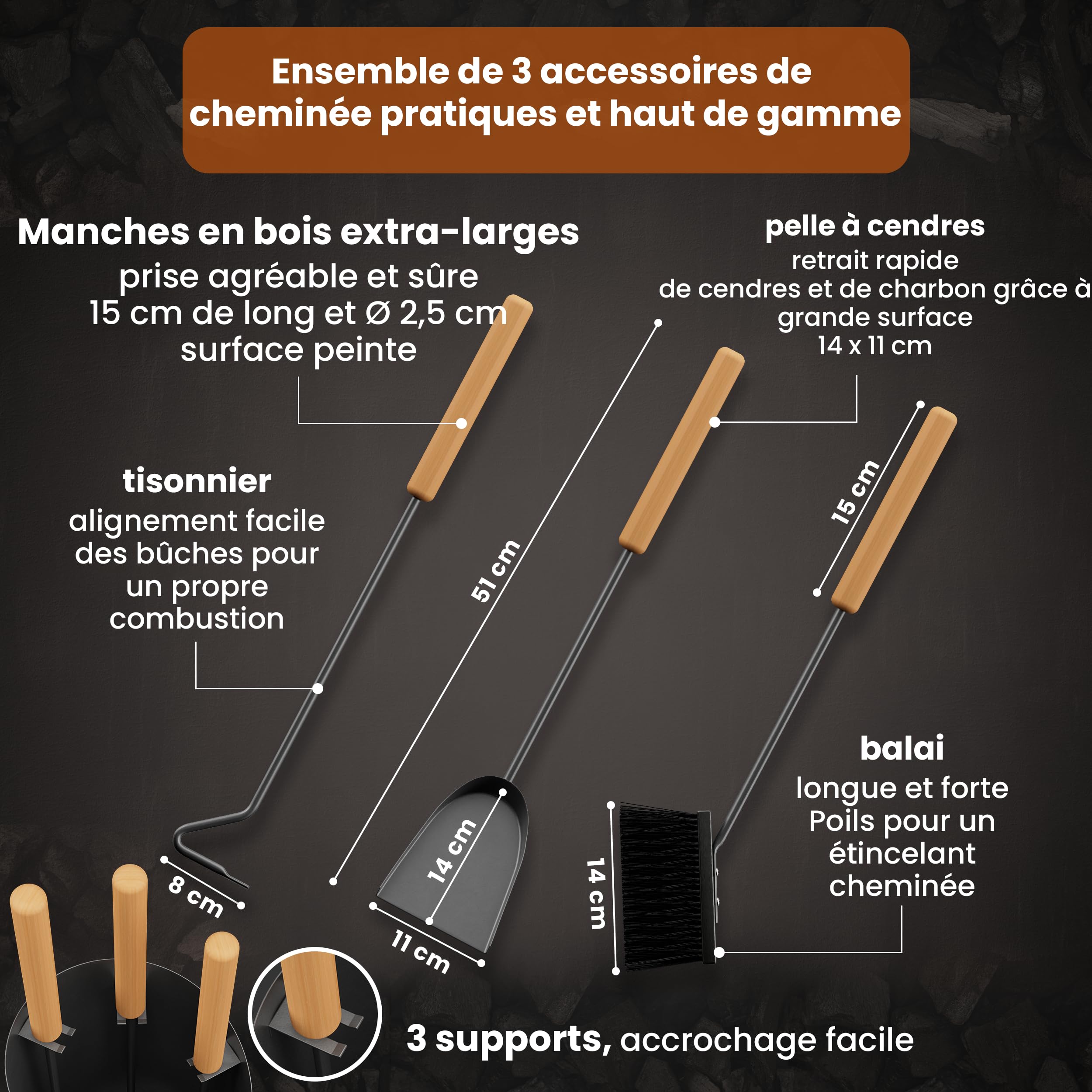BLACK OAK Ensemble d'accessoires pour cheminée VAIL 4 pièces - ensemble moderne d'ustensiles pour poêle noir avec manche en bois 4 pièces comprenant pelle à cendre, balai à cheminée + support moderne