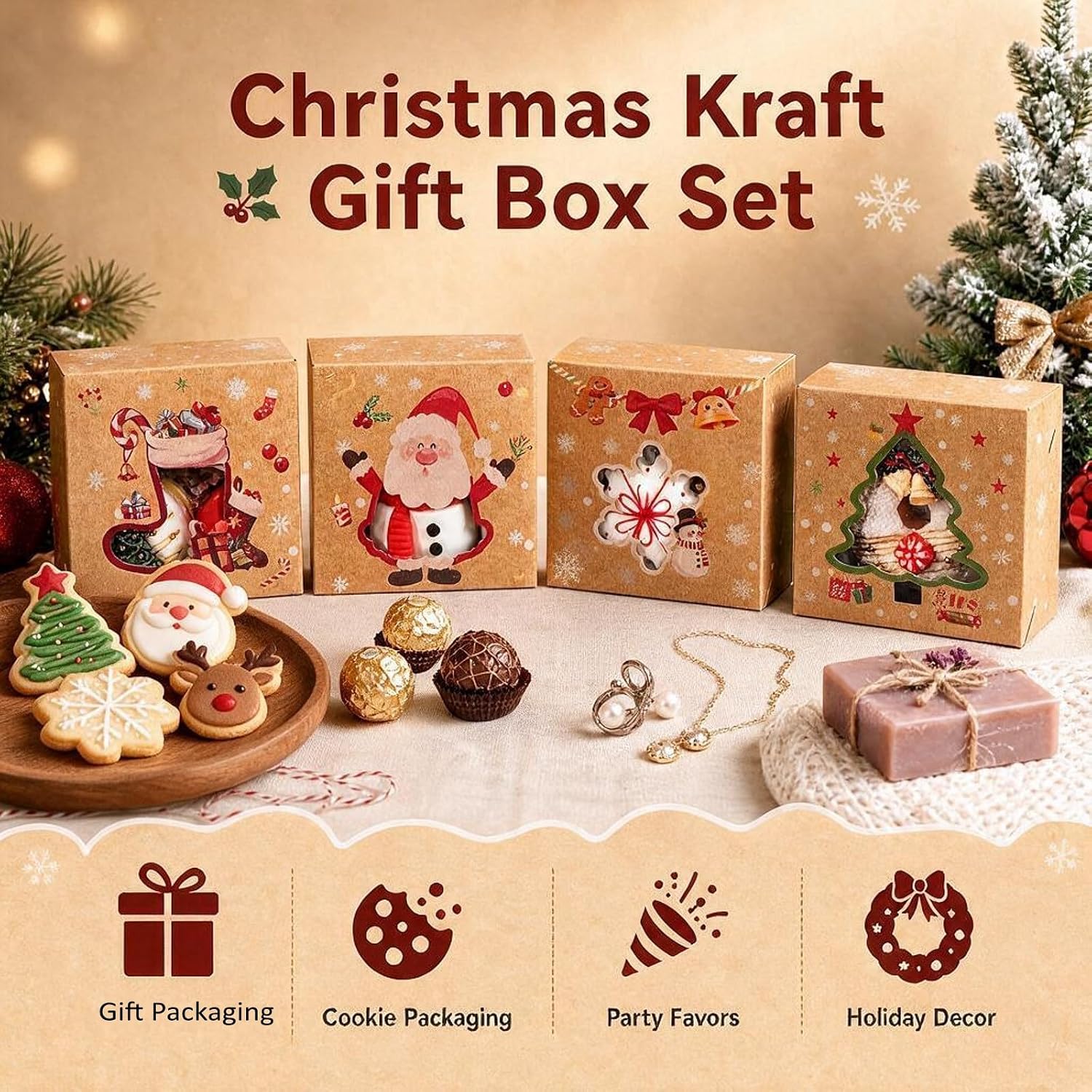 48PCS 4x4x2" Christmas Brown Cookie Boxes 4 Designs Clear Window