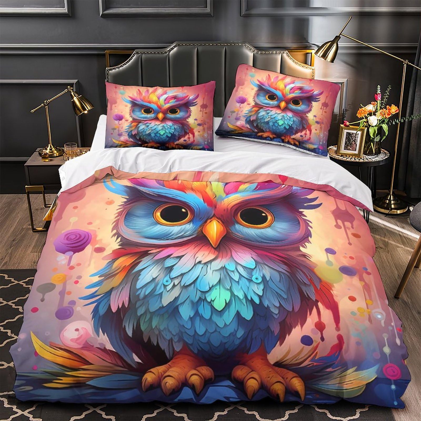 Parure de lit hibou 3D king size 220x240cm en microfibre douce avec 2 taies d'oreiller