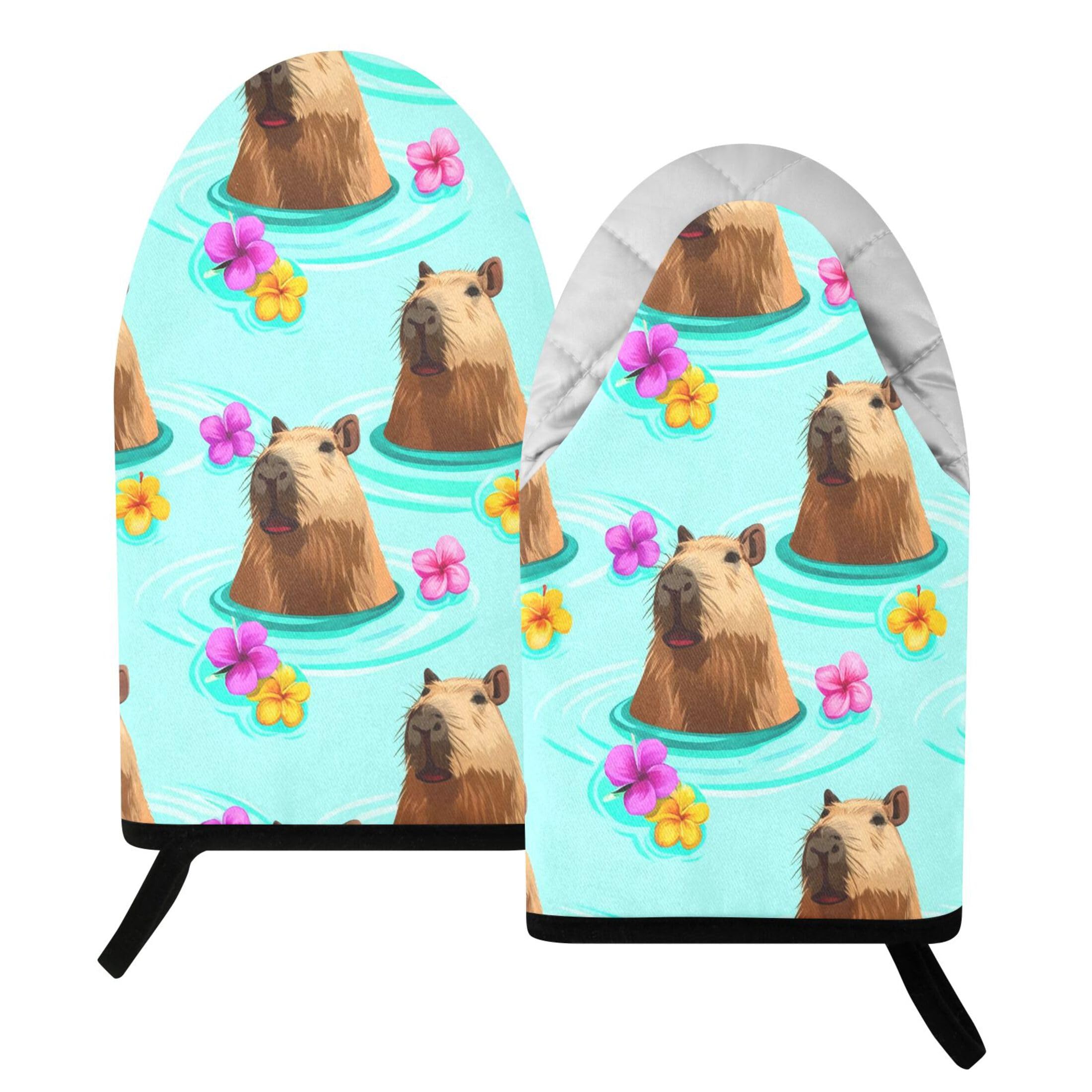 Kutsu Capybaras Oven Mitts for Kitchen, Heat Resistant Cotton Oven Gloves for BBQ Baking Cooking, Breathable Kitchen Essentials, 2 pcs