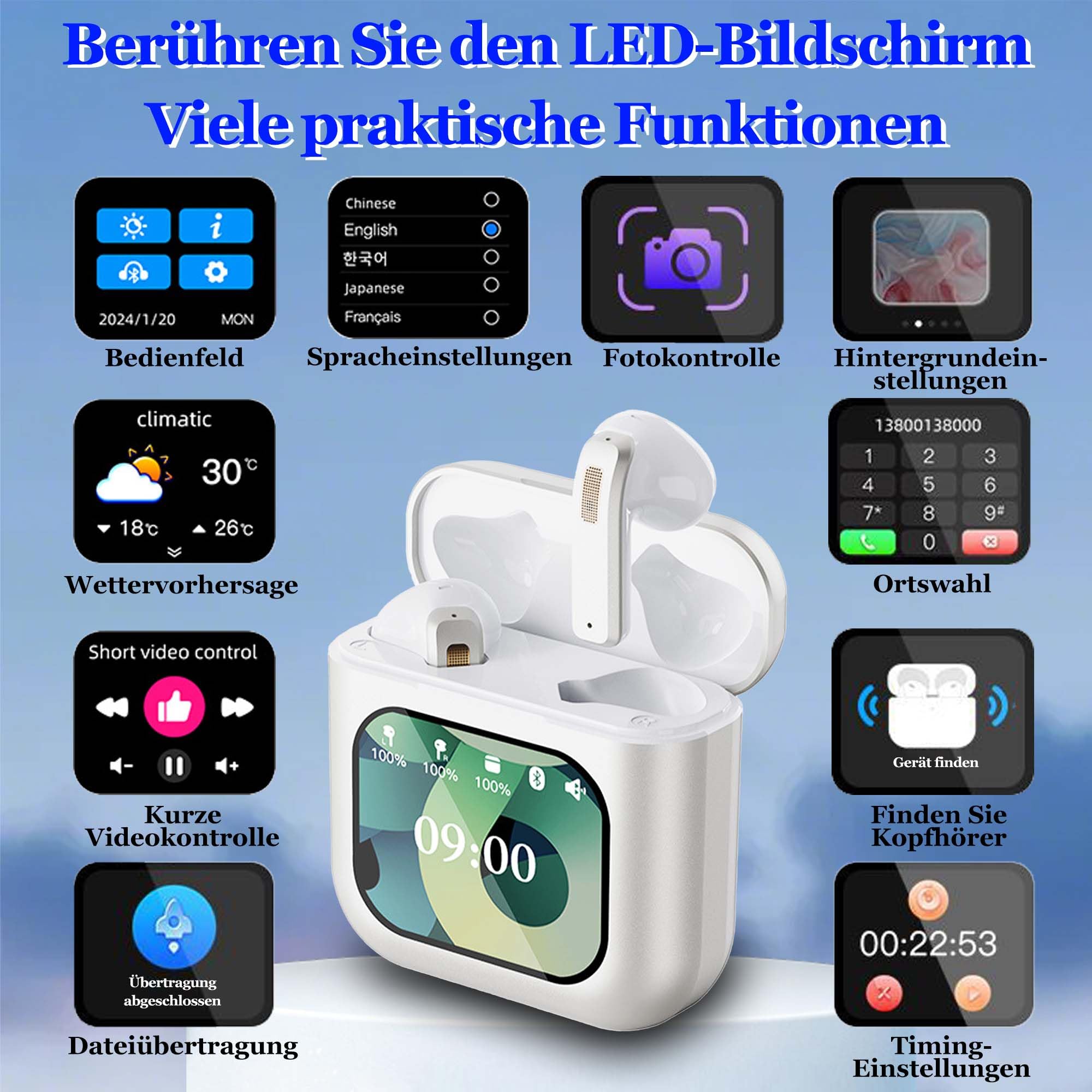 Auricolari Bluetooth in-ear, smart touchscreen, grande display con cancellazione del rumore, per sport, gioco, dormire, Hi-Fi, multilingue per smartphone, tablet, laptop, regalo (bianco)