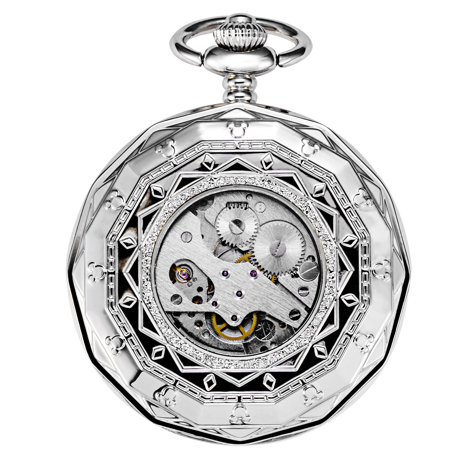 TREEWETO Mechanische Taschenuhr, römische Ziffern, offenes Zifferblatt mit Kette, 24 Stunden, Mond, Sonne + Box