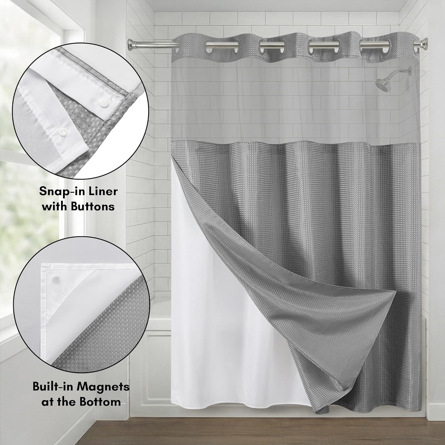 Americanflat 72x75 Hookless Waffle Pattern Shower Curtain - Water-Resistant Long Shower Curtain with Sheer Panel, Snap-in Liner, and Durable Grommets - 100% Polyester - Light Grey