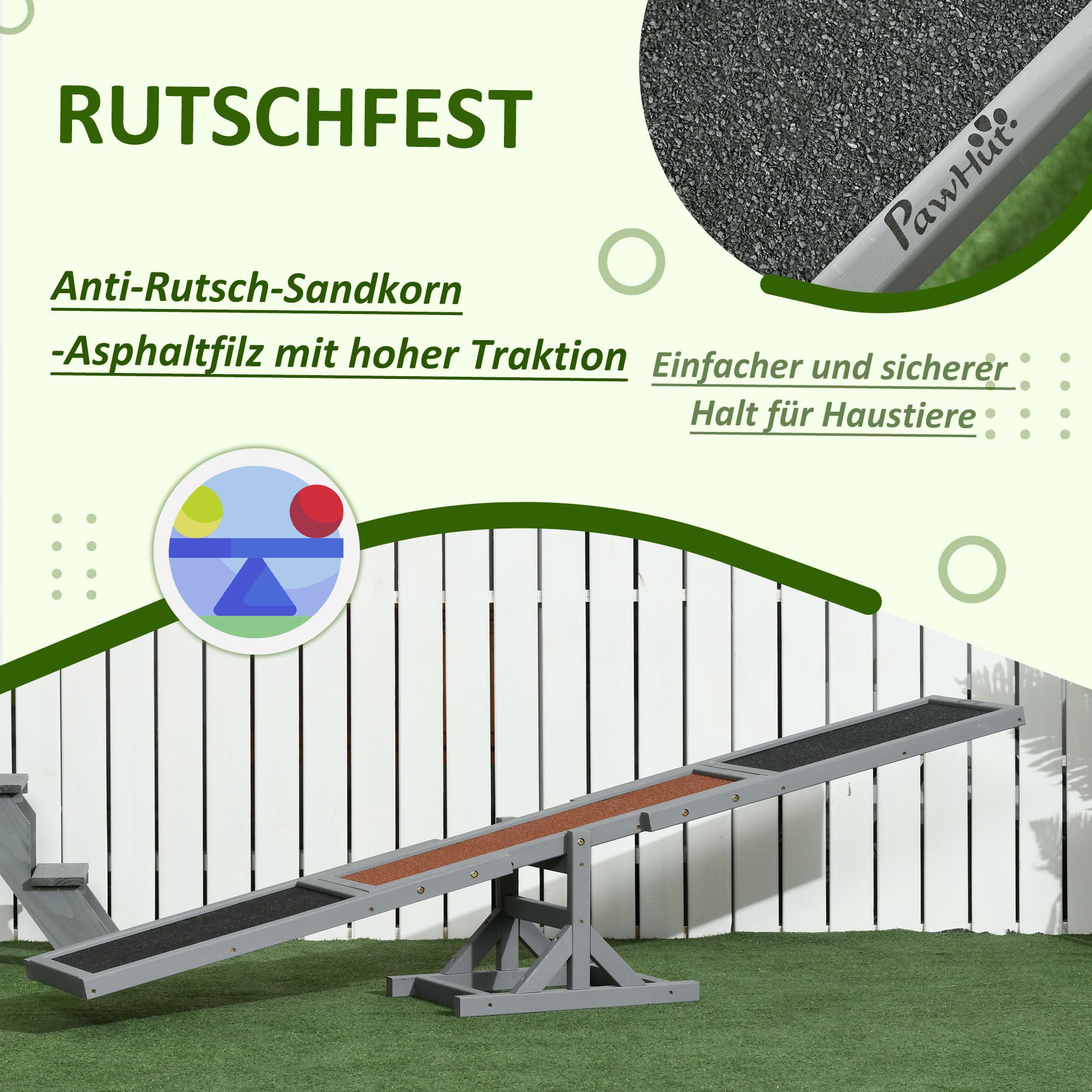 PawHut Hundewippe, Hunde Agility Wippe aus Holz, rutschfest Hunde Agilitäts Rampe für Hunde unter 30 kg, wetterfest Hundetraining Outdoor Hundesport für Balance, 180 x 30 x 30 cm Grau