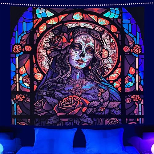 RILACON Tapiz reactivo con luz negra del Día de los Muertos, tapiz para colgar en la pared, diseño de calavera de rosa y azúcar, póster de esqueleto