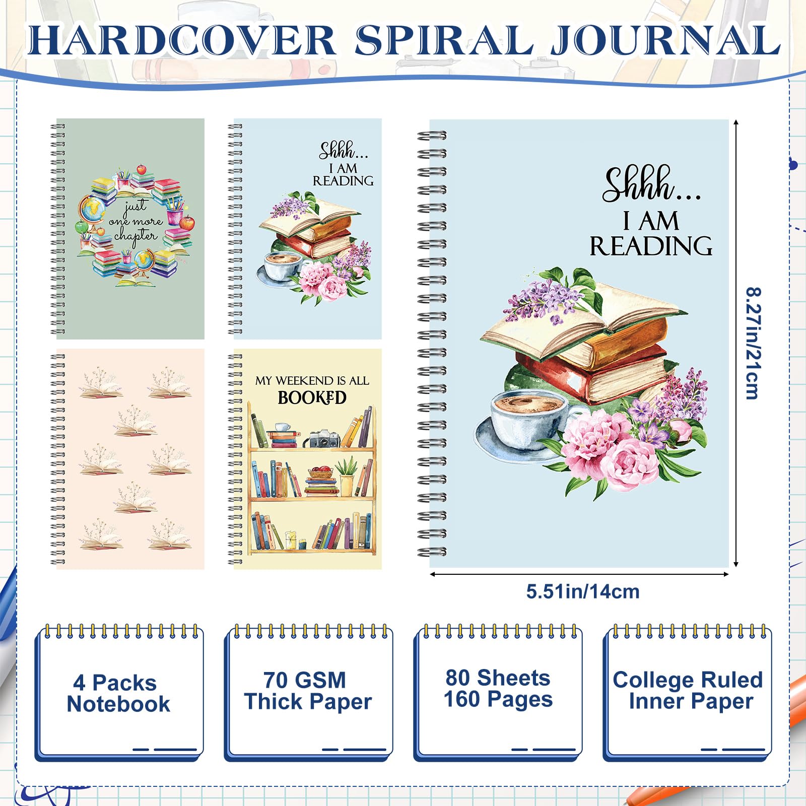Colarr 4 cuadernos en espiral para amantes de los libros de regreso a clases, 5.5 x 8.3 pulgadas, cuaderno temático de libros, lindo diario forrado con alambre, blocs de notas para estudiantes,