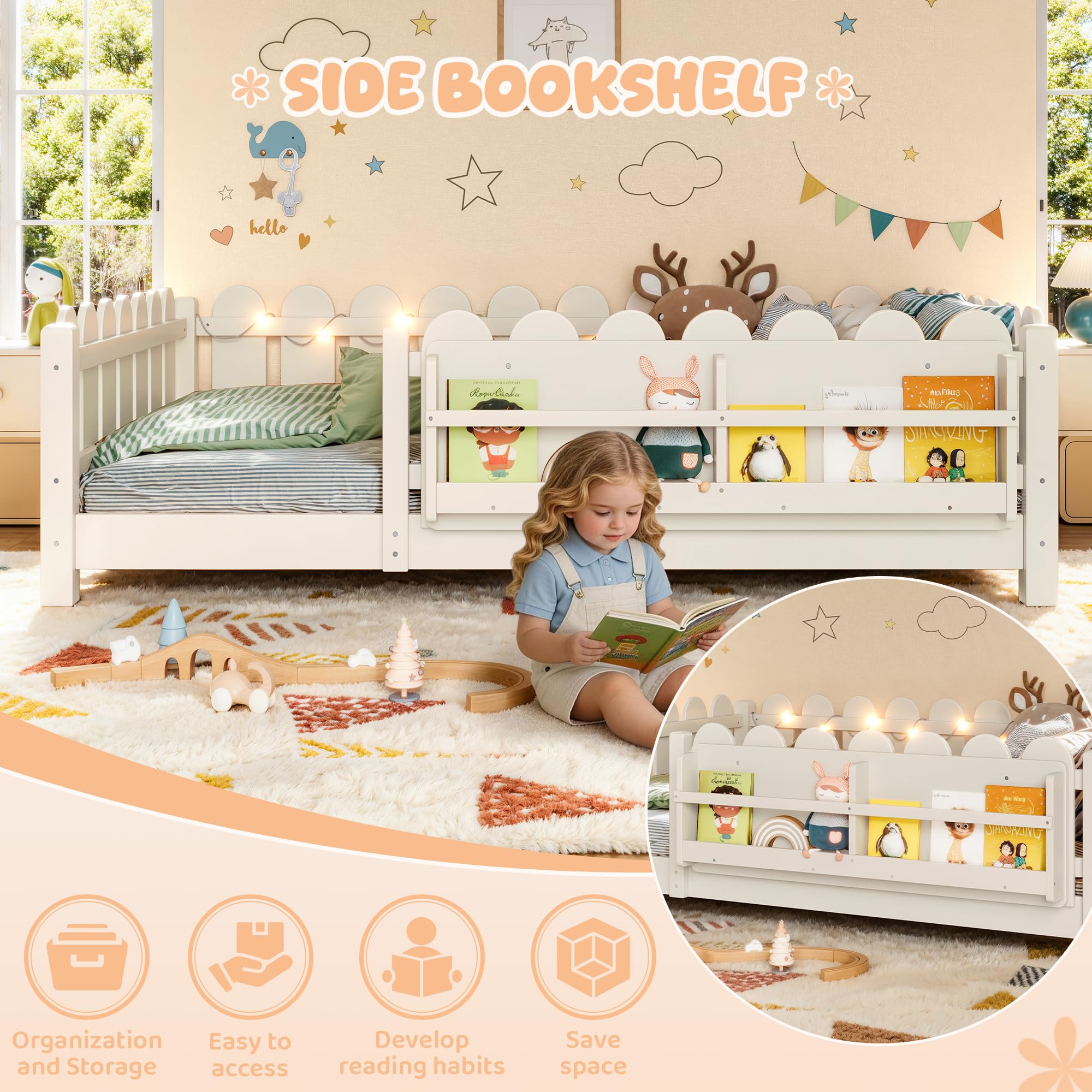 Photo 1 of Bellemave Full Size Kids Floor Bed with Bookshelf and LED Lights, Wooden Montessori Floor Bed Frame with Safety Guardrails for Girls Boys, Beige