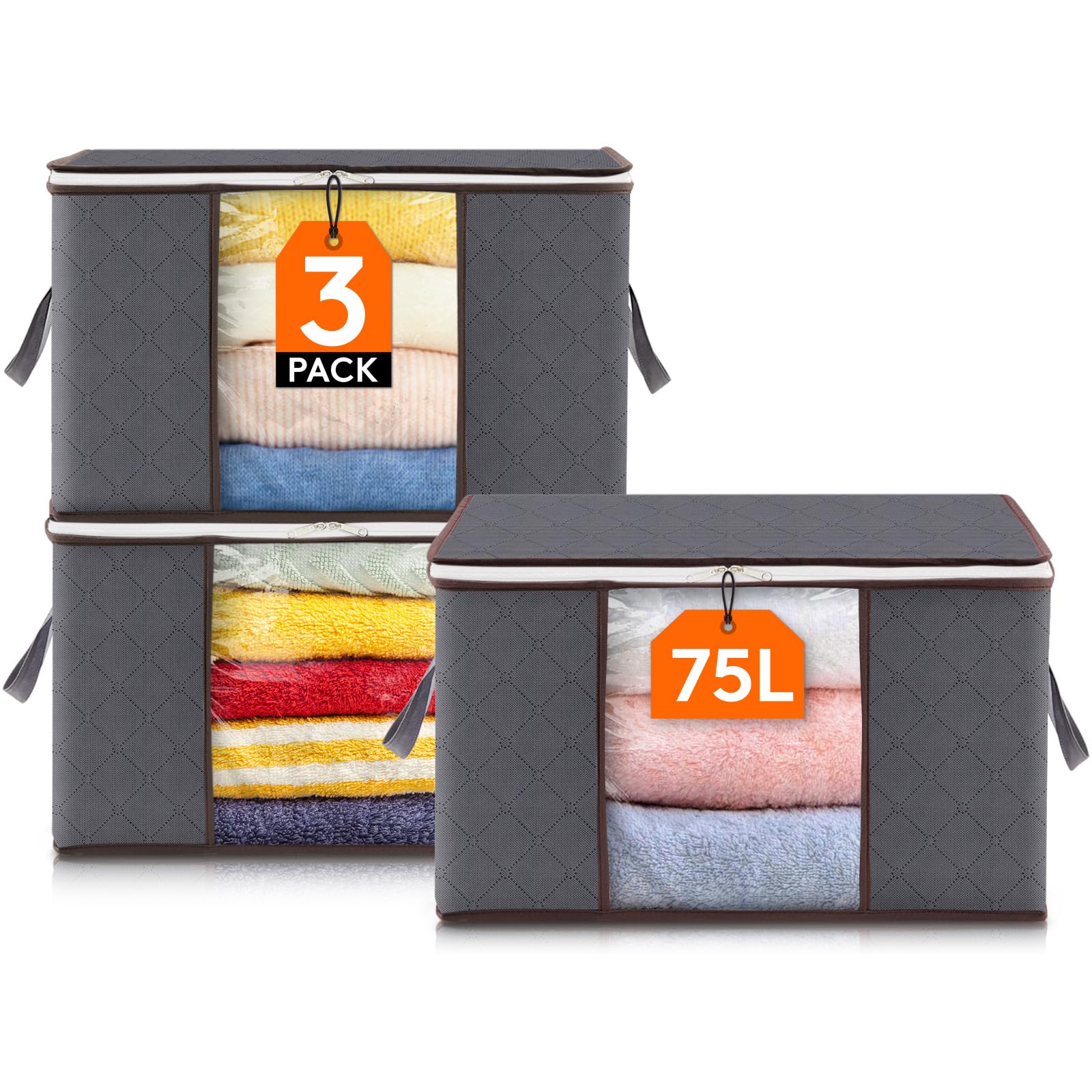 Lifewit 3 Stück 75L Aufbewahrungstasche für Kleidung, Faltbar Aufbewahrungsbox, Organizer für Kleiderschrank mit verstärktem Griff, stabilem Stoff, klarem Fenster, Grau