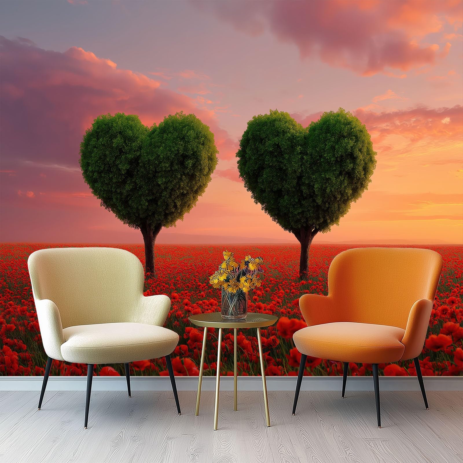 Vlies-fototapete Blumenwiese Herzförmiger Baum, 300x210 cm 3D Wandbild