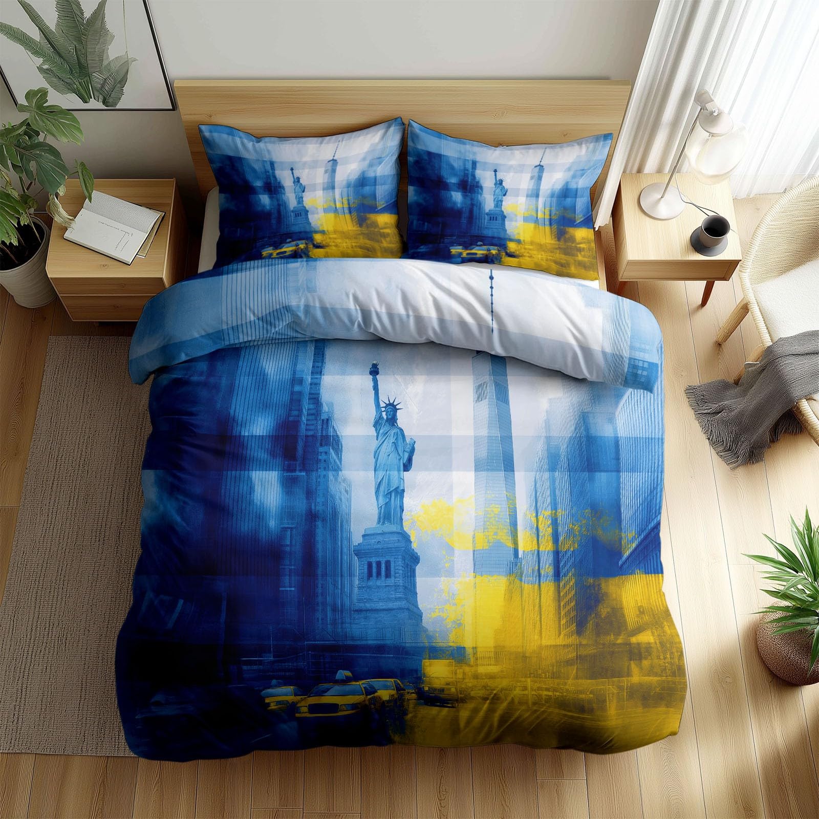 Parure de lit 2 personnes New York bleue pour chambre adulte moderne