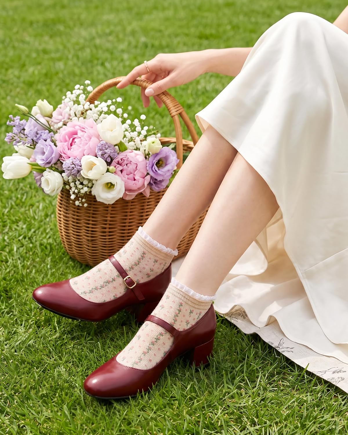 Jeasona 5 Pairs Floral Ruffle Socks for Women, Cute Cotton Flower Crew Socks, Cottagecore Frilly Ankle Socks