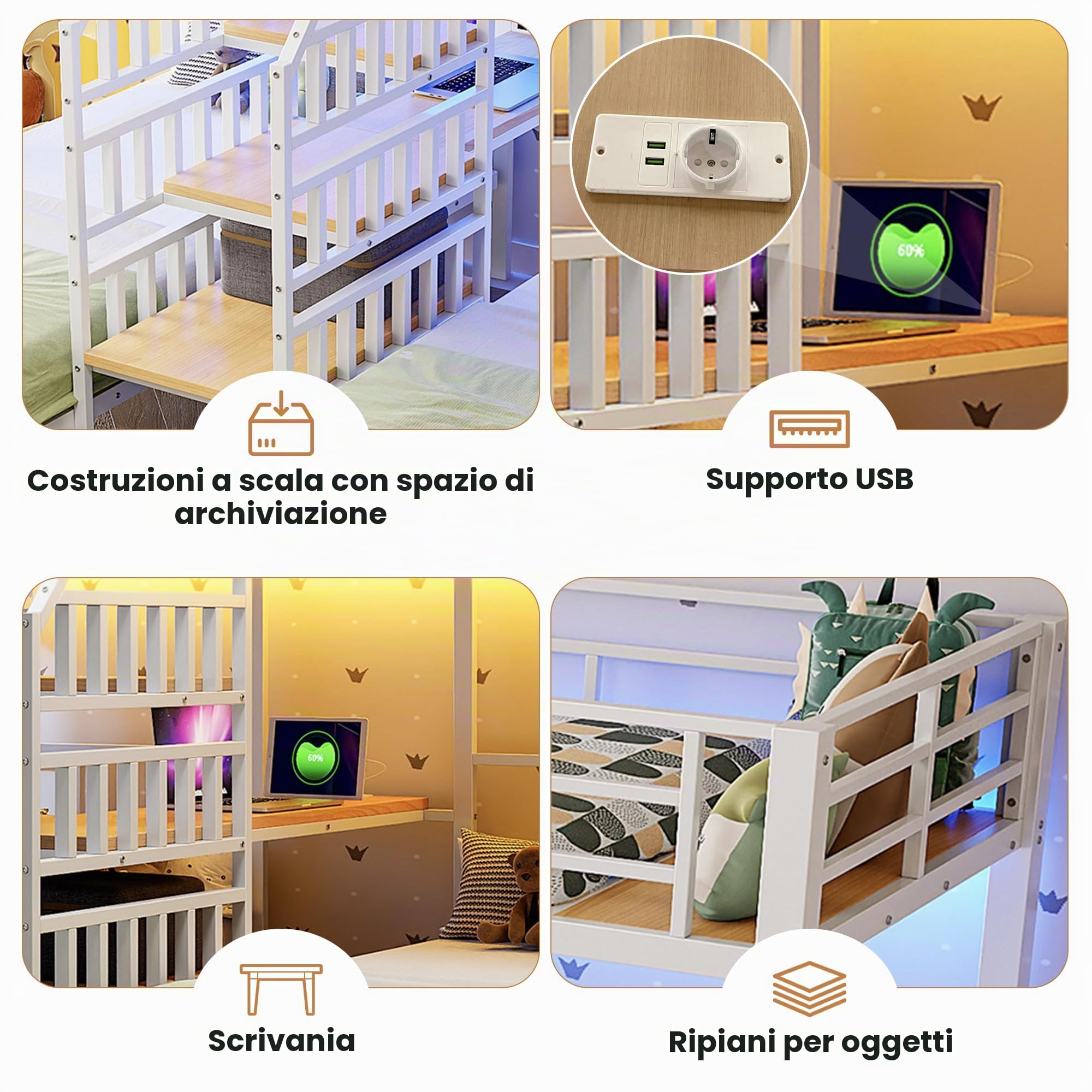 Letto a castello 90 x 200 cm con 3 letti, modalità LE/D, scala di archiviazione, design US/B e scrivania, struttura del letto in metallo + MDF, senza materasso per cameretta dei bambini