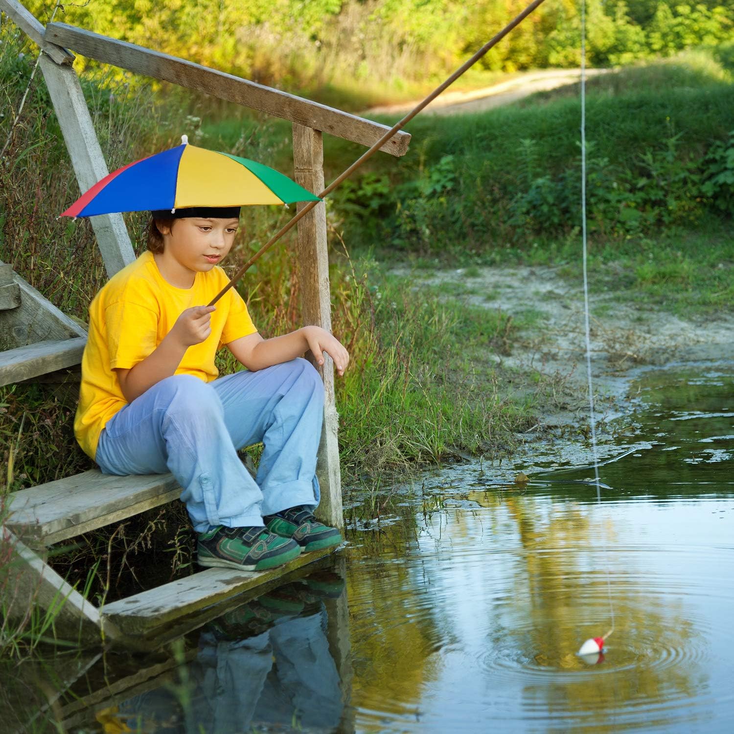 Sombreros de Paraguas,2 PCS Sombreros de Sombrillas Gorras de Paraguas de Arco Iris Paraguas Cabeza con Bandas Elásticas Ajustable Sombrero de Paraguas de Cabeza de Playa para Adultos Niños Pesca al a