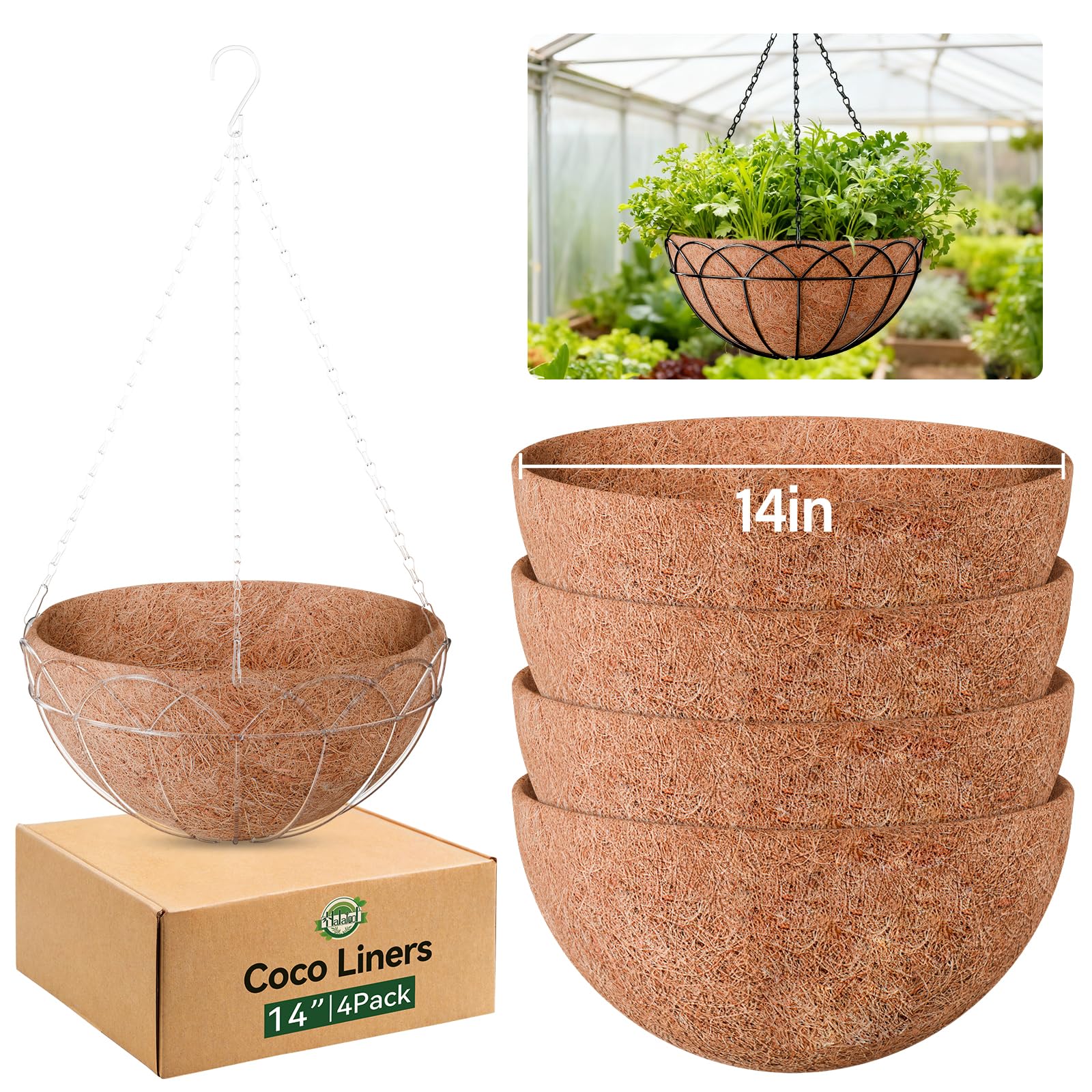 Halatool 4 Pack 14 Inch Coconut Liners for Planters - 100% Natural Coco Liner, Round Coco Coir Hanging Basket Liners for Flowers, Vegetables, Garden, Lawn & Patio