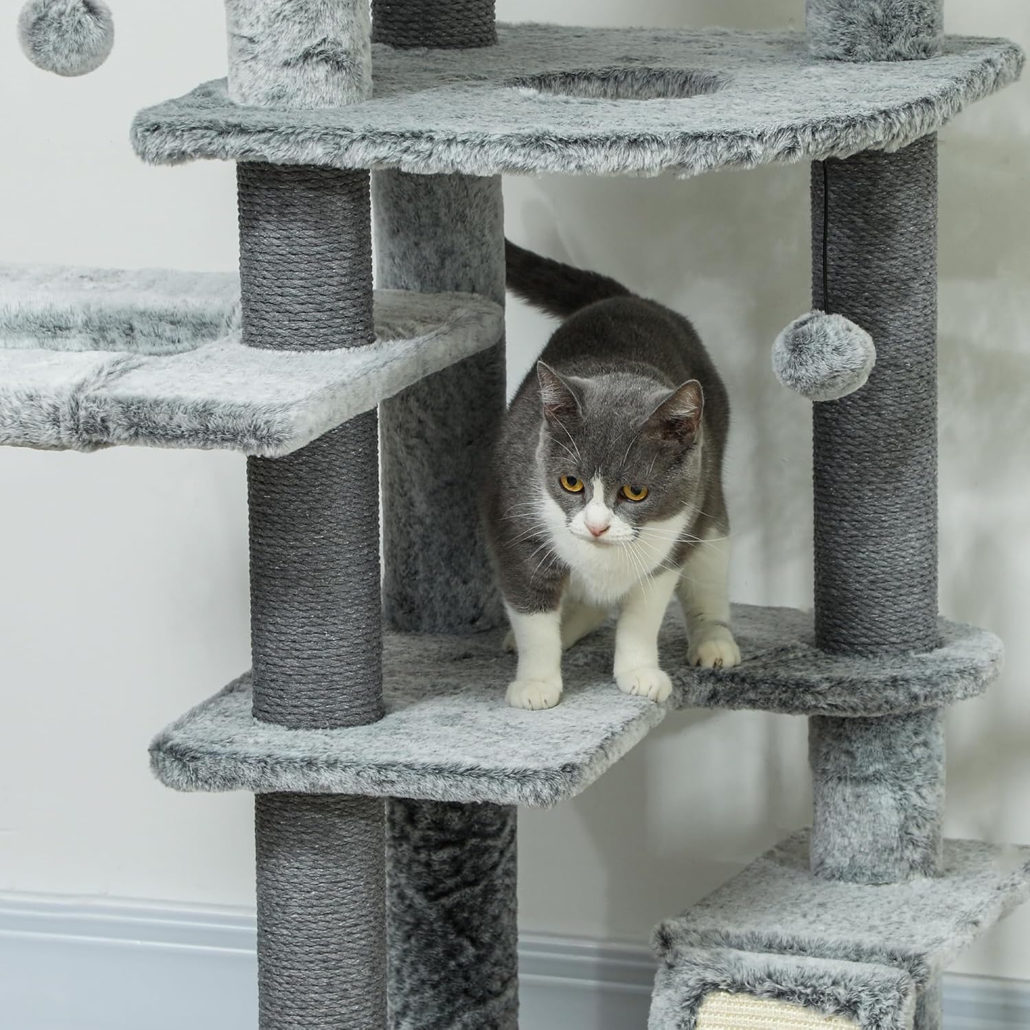 Adjustable Gray Floor-to-Ceiling Cat Tree Tower with Hammocks and Condo