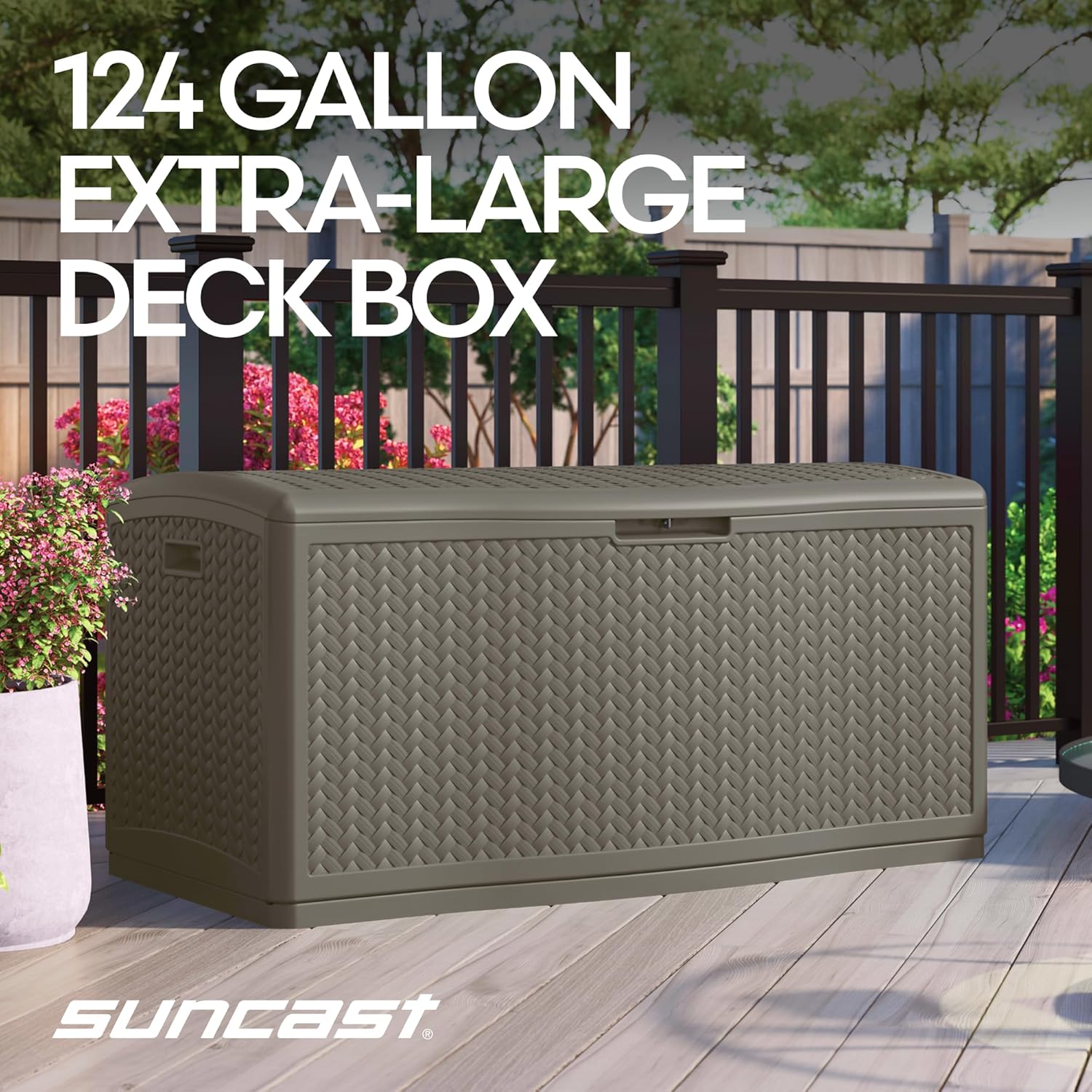 Suncast Extra Large Deck Box - 124 Gallon Resin Outdoor Storage Box with Lockable Lid for Outdoor Cushion Storage, & Garden Gear, Stoney Grey Wicker Bin for Patio, Porch, Pool, & Yard