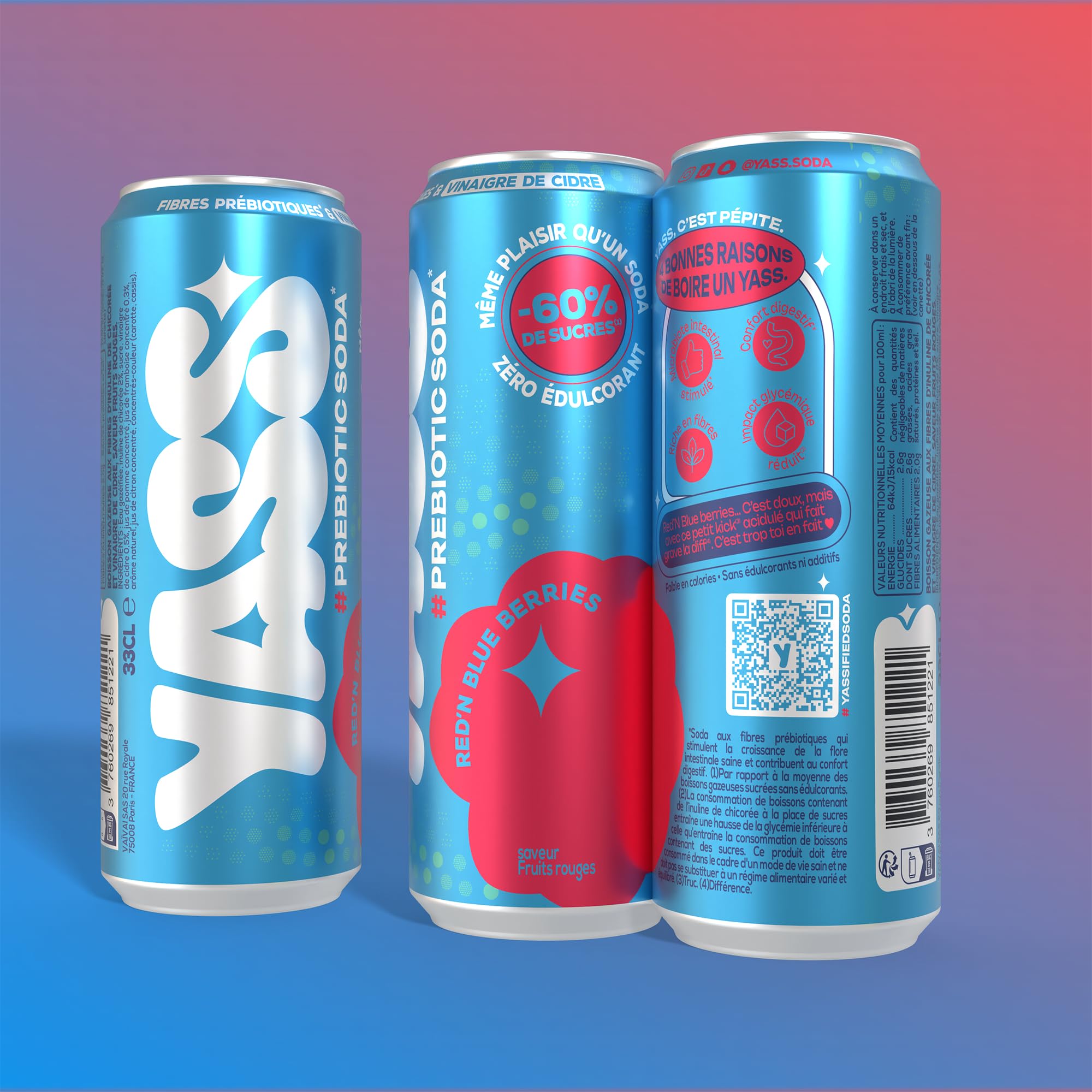YASS Soda Prébiotique - Saveur RED'N BLUE BERRIES - Le Soda Sain & Stylé qui Prend Soin de Ton Ventre 6.6g de Fibres et -60% de sucre-12 canettes de 33cl