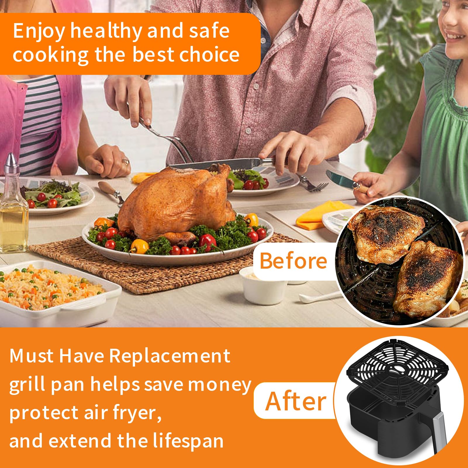 Air fryer Replacement Parts for BLACK+DECKER Purify 4QT Air Fryer, Upgrade 7.87×7.87 IN Air Fryer Pan Crisper Plate Accessories Tray Rack for Holstein Housewares 4.4QT Green Life 4.5QT Air Fryer