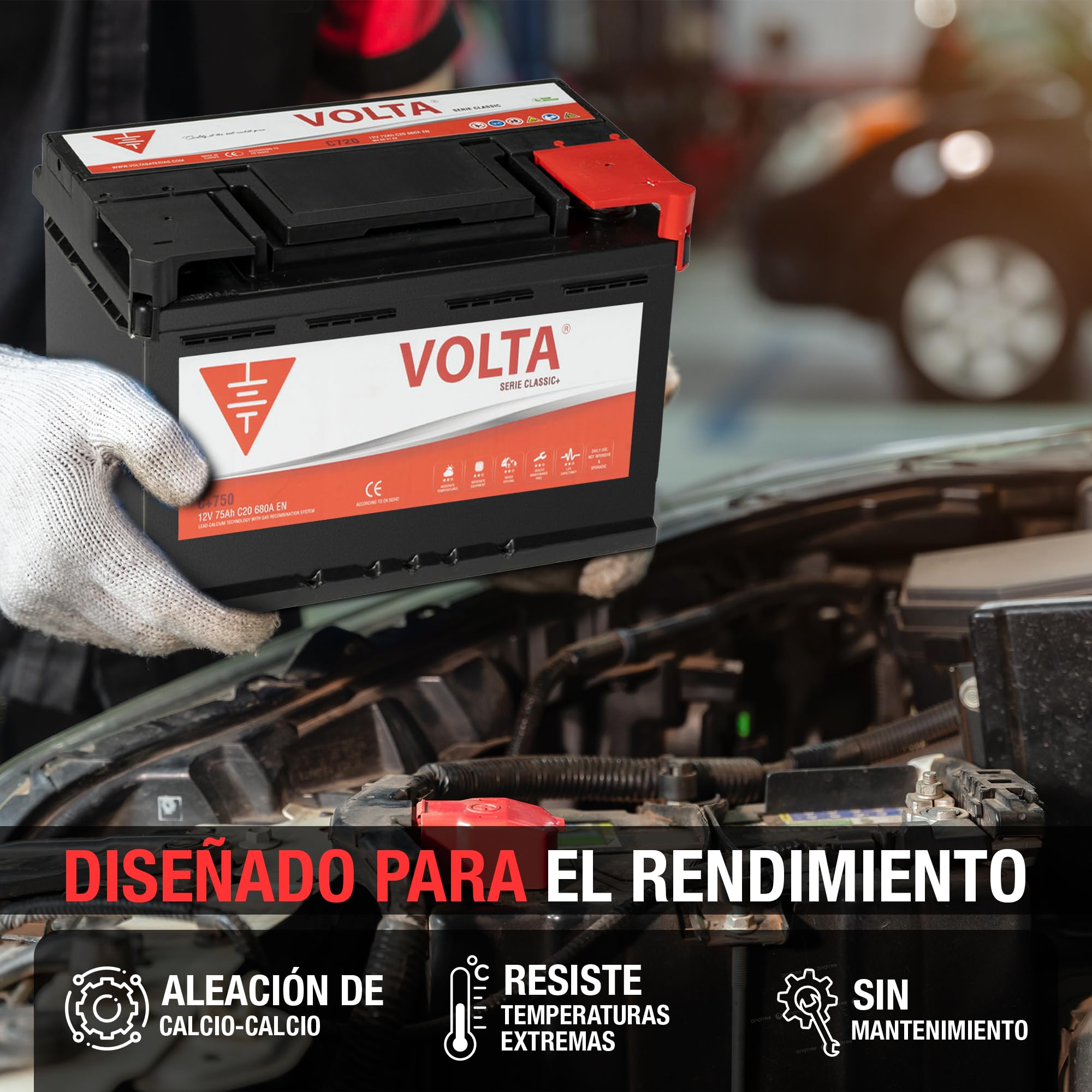 Bateria de Coche Classic + 75Ah 680A - Borne +Dcha - Medidas Largo 278 x Ancho 175 x Alto 175 mm con 2 años de Garantía - Fabricación Europea.
