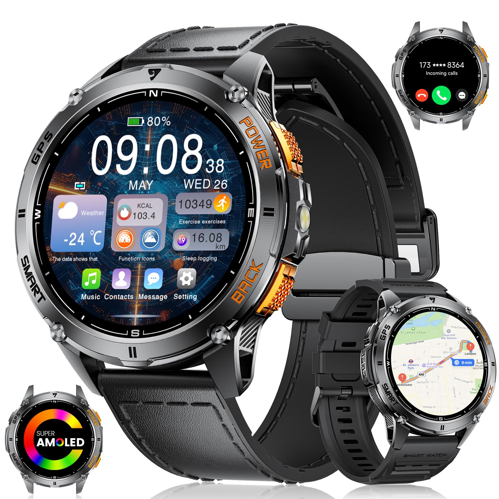 LIGE Smartwatch Uomo con GPS, Monitoraggio Salute, 1.43" AMOLED smartwatch militare con 530mAh Batteria/ 110+ Modalità Sport/LED Torcia/Bussola/Altimetro Orologio Intelligente per Escursionismo