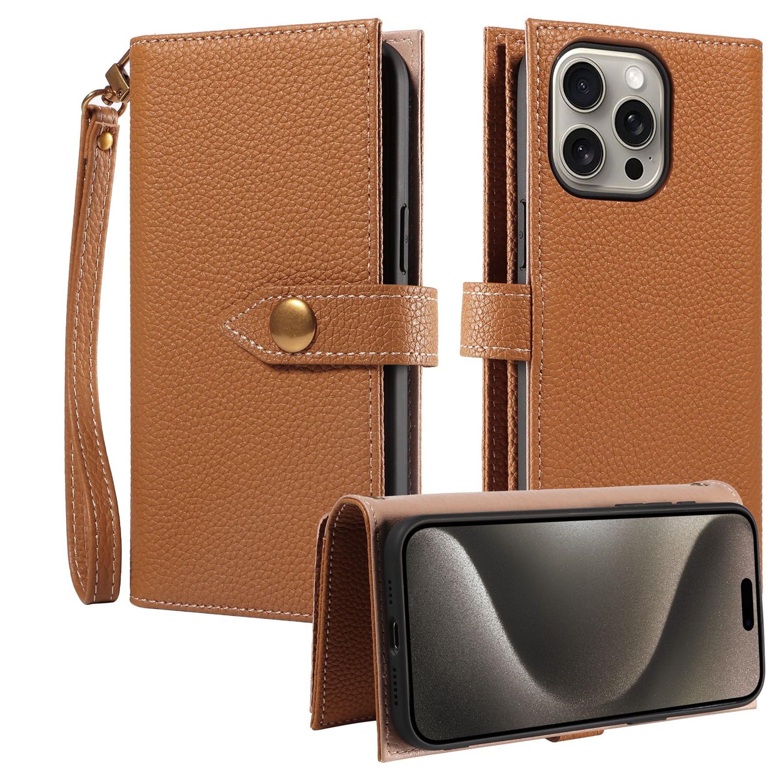 Etui portfelowe na iPhone'a 15 Pro Max/15 Pro/15, portfel z prawdziwej skóry, magnetyczne zamknięcie, z klapką, pełna ochrona z uchwytem na karty, odpinany pasek na nadgarstek, brązowy, 15