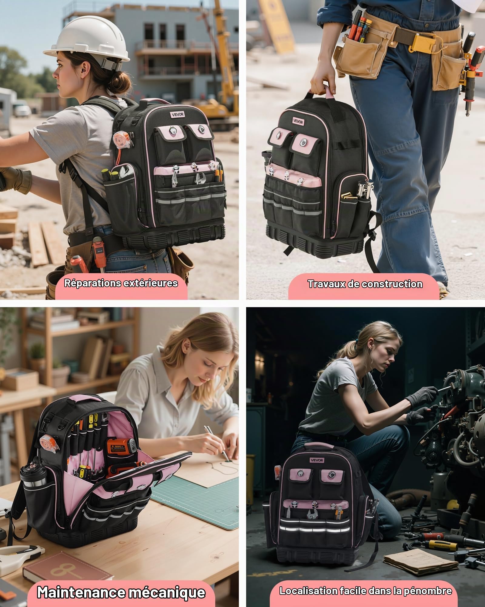 VEVOR Sac à Dos à Outils, Charge 31,75 kg, Sac à Outils, 33x20x49 cm, avec 56 Poches, Compartiment Ordinateur Portable, Base, Organisateur à Outil Robuste pour Chantier, Électricien, Réparateur CVC