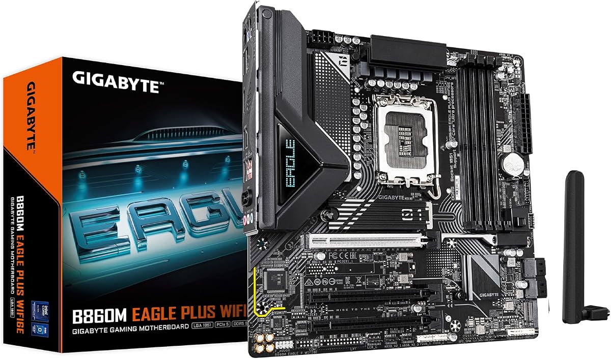 Placa base B860M Eagle Plus WIFI6E Intel Core Ultra (Serie 2) LGA 1851, mATX, DDR5, 2X M.2, PCIe 5.0, USB-C, WIFI6E, LAN de 2,5 GbE, EZ-Latch