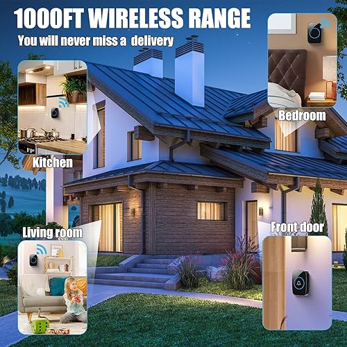 Miniatura 5 de Fabbay 8 timbres inalámbricos, kit de botón de timbre de puerta impermeable, 4 piezas, timbre para el hogar con 4 receptores, rango de 1000 pies, 5