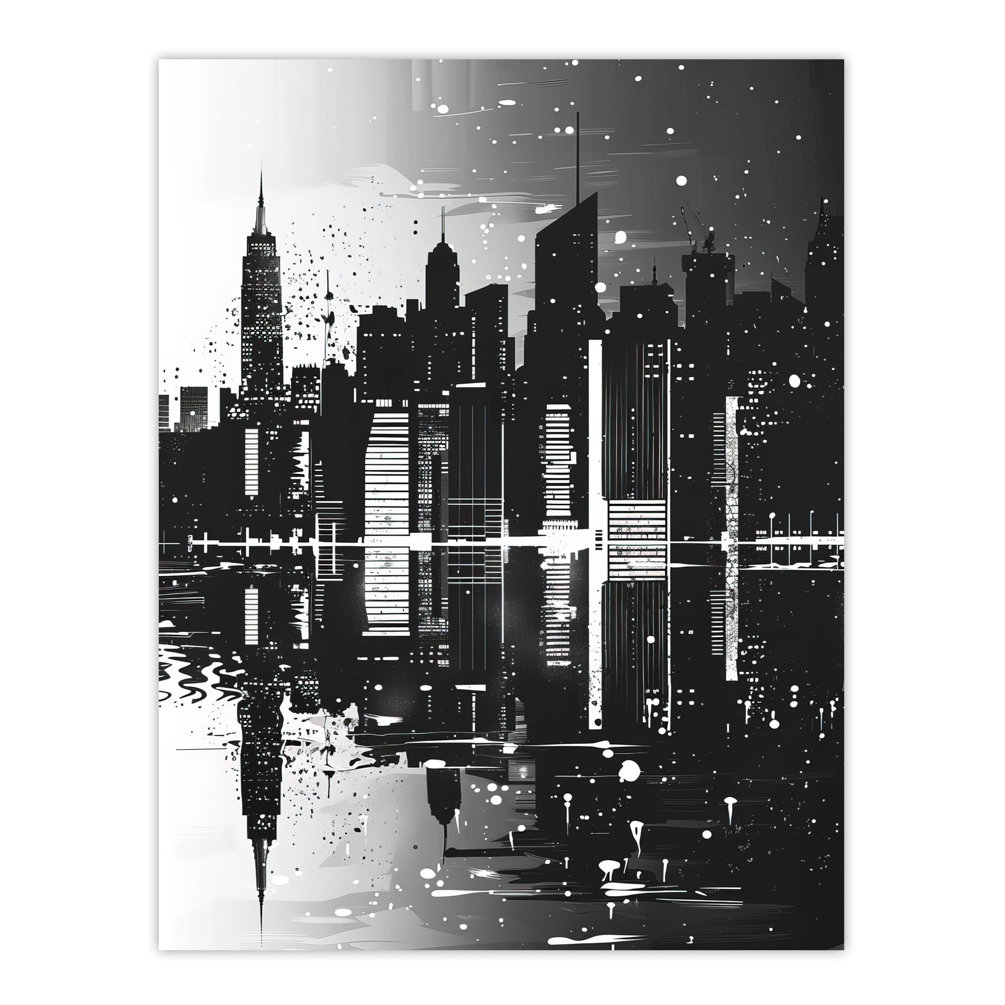 Metropolis Cityscape Reflection Wall Art Print - Black & White - Artery8 - W24 inch x H32 inch