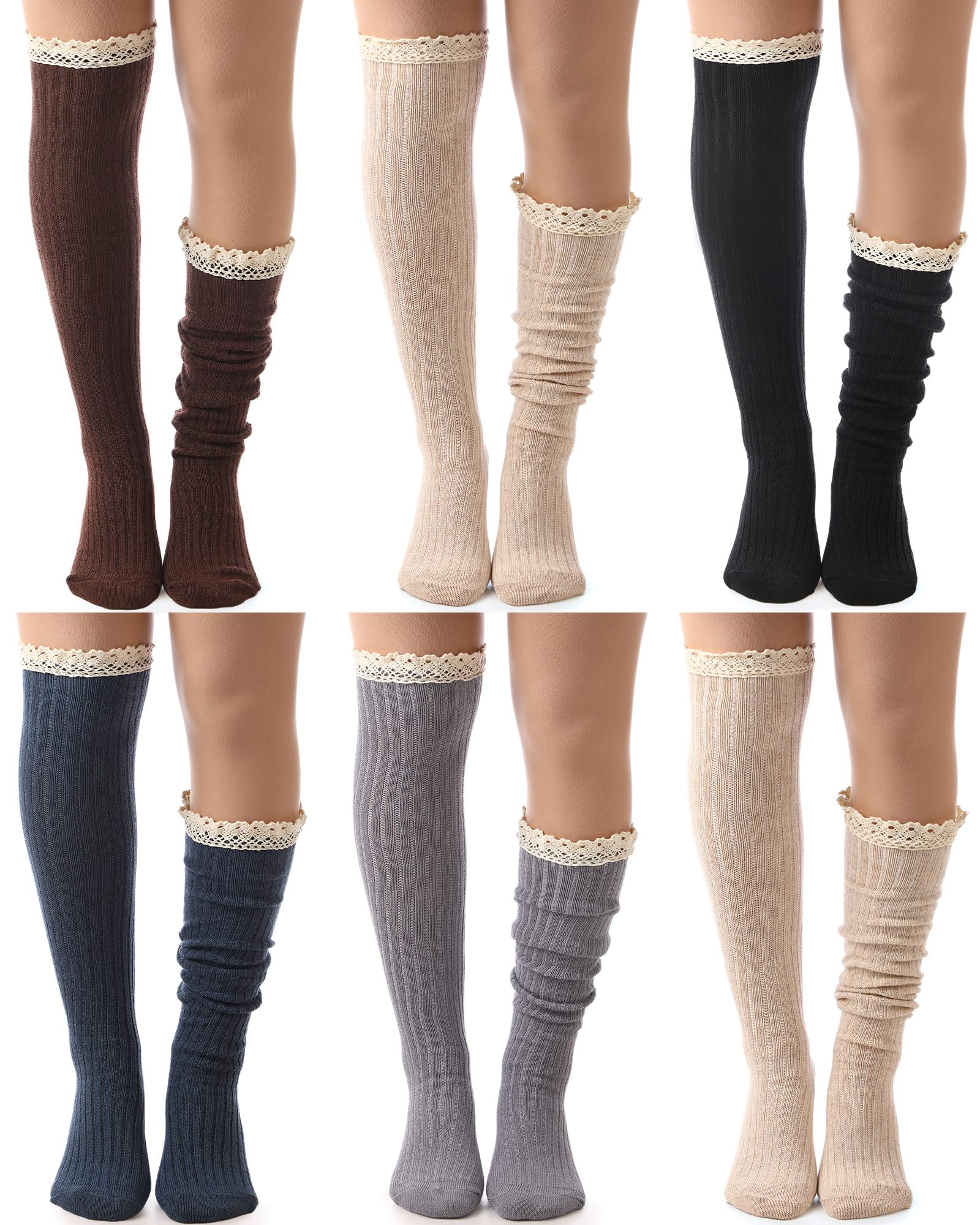 Syhood Paquete de 6 calcetines de punto de algodón para mujer, calcetines altos hasta la rodilla con ribete de encaje, calcetines de encaje, calcetines altos para botas por encima de la rodilla,