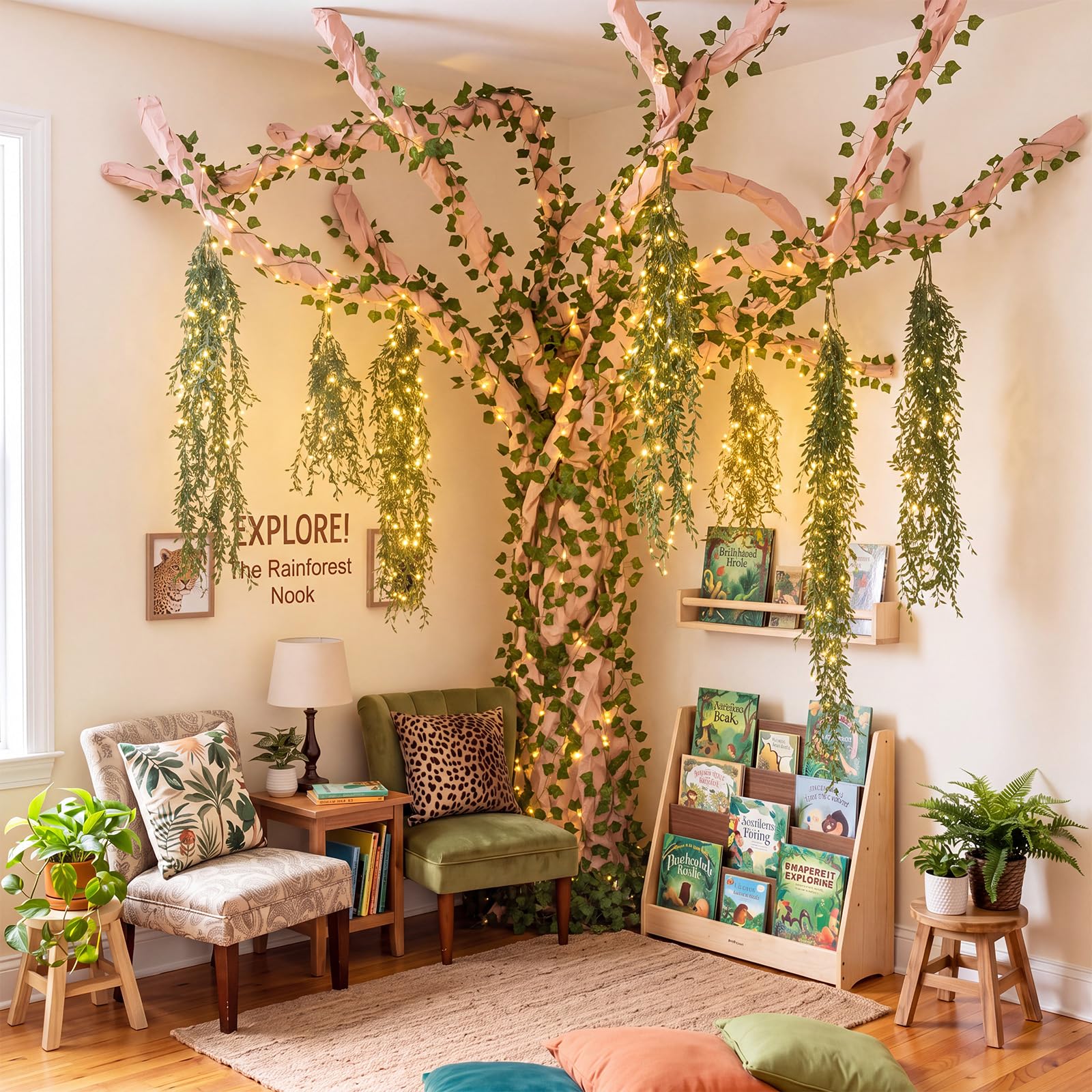 Blosssound Decoración temática de la selva, árbol 3D con hojas artificiales, guirnaldas de hojas de uva, luz LED, papel kraft para fiesta temática de bosque lluvioso 2026, decoración de tablón de