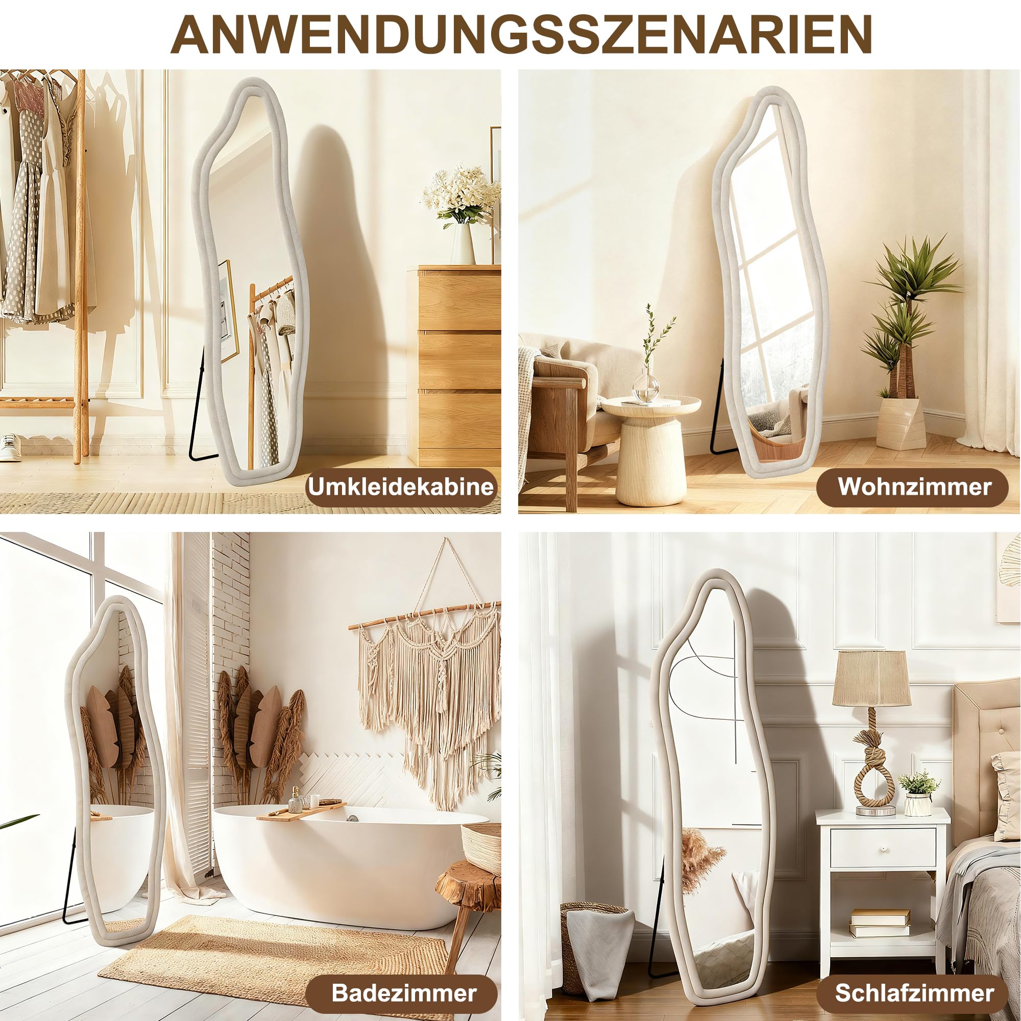 Grand Miroir sur Pied Asymétrique, 160x50cm Miroir Long avec Cadre en Velours Doux, Miroirs Décoratifs et Modernes, Parfait pour Chambre, Salon, Entrée et Dressing (Blanc-140 * 45cm)
