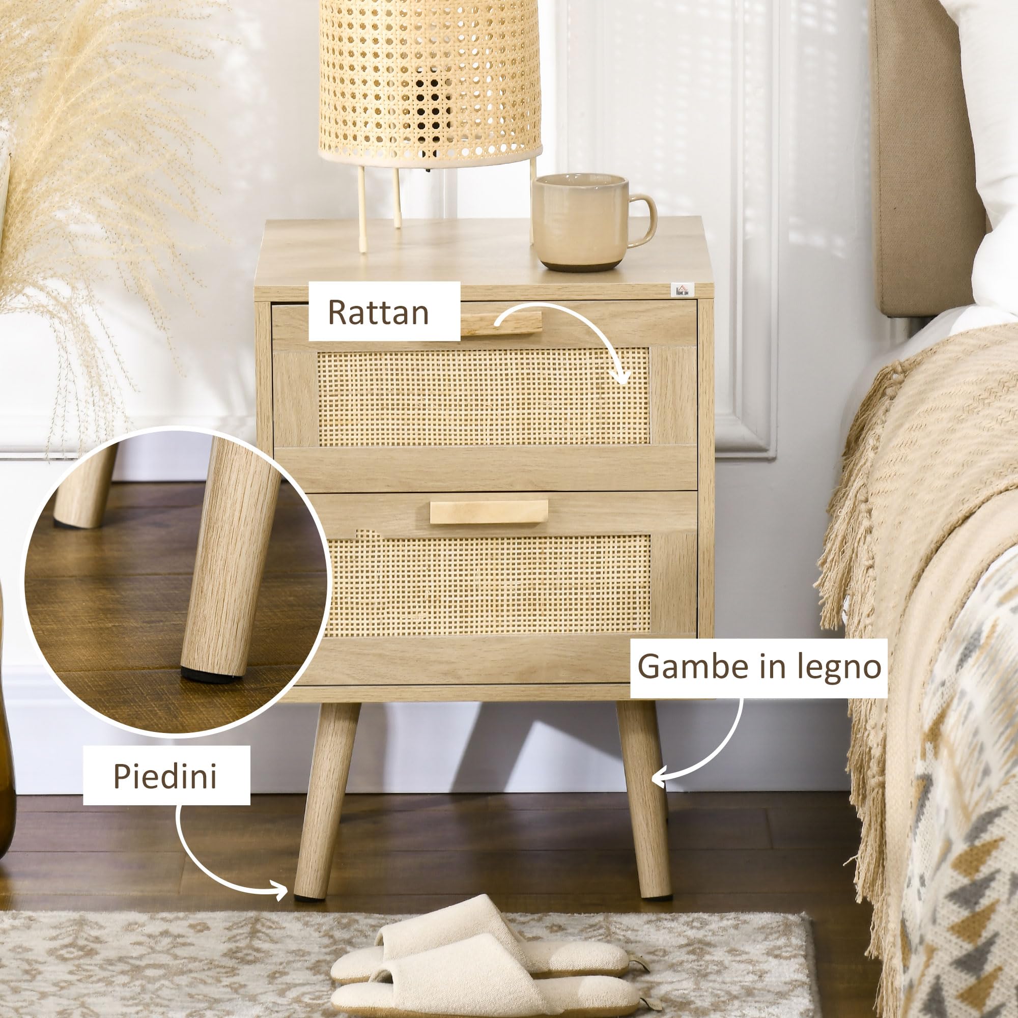 HOMCOM Set di 2 Comodini per Camera da Letto, Comodini Stile Boho Eleganti con 2 Cassetti, 40x40x56cm, Colore Legno Naturale