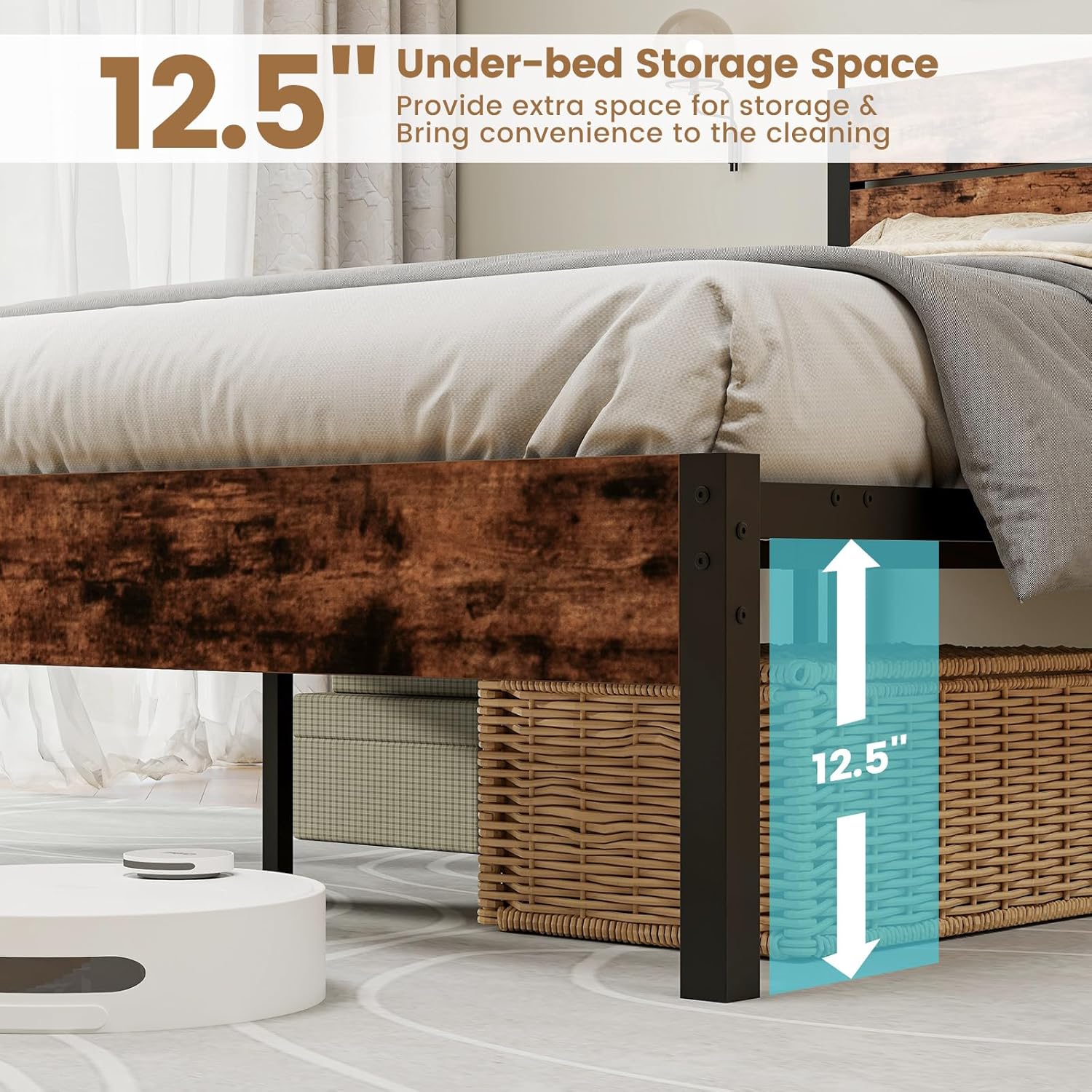 GOFLAME King Size Bed Frame with Headboard, Metal Platform Bed with Under-Bed Storage Space & Slatted Headboard, Industrial Bed Base, No Box Spring Needed Mattress Foundation, Rustic Brown