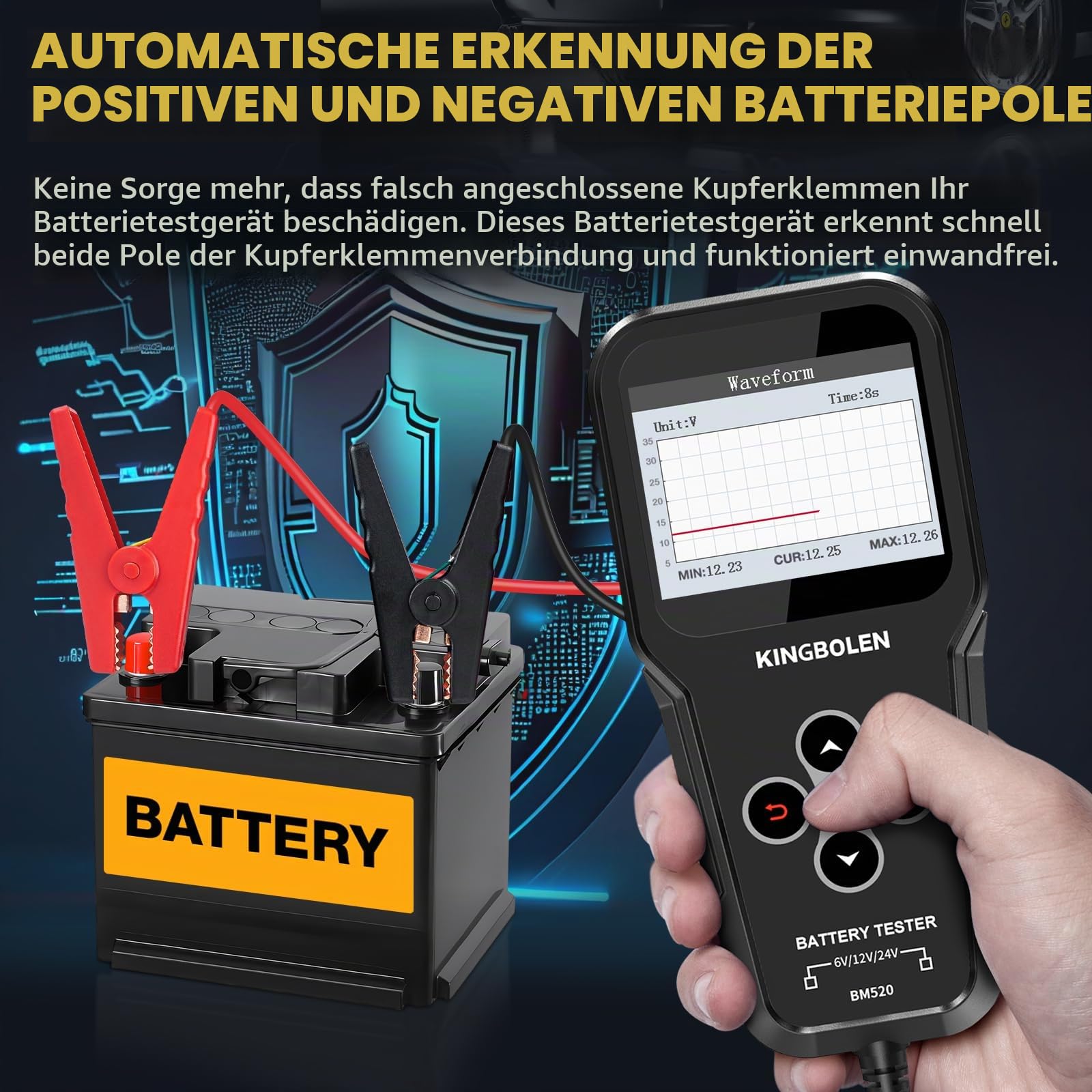 KINGBOLEN BM520 6V/12V/24V Autobatterietester, 100-2000 CCA Batterietester Kfz mit Batteriestatusprüfung Anlasstest Ladetest, Lichtmaschinen Tester für Auto Motorrad ATV SUV LKW Boot
