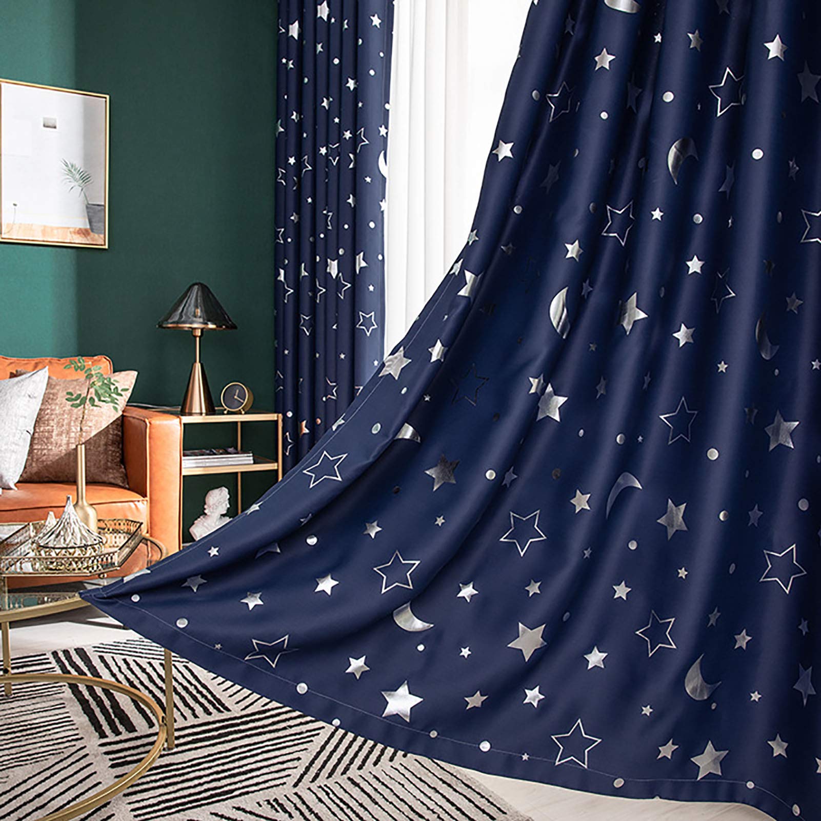 Rideaux occultants isolants thermiques pour chambre enfant motif étoile bleu marine oeillets