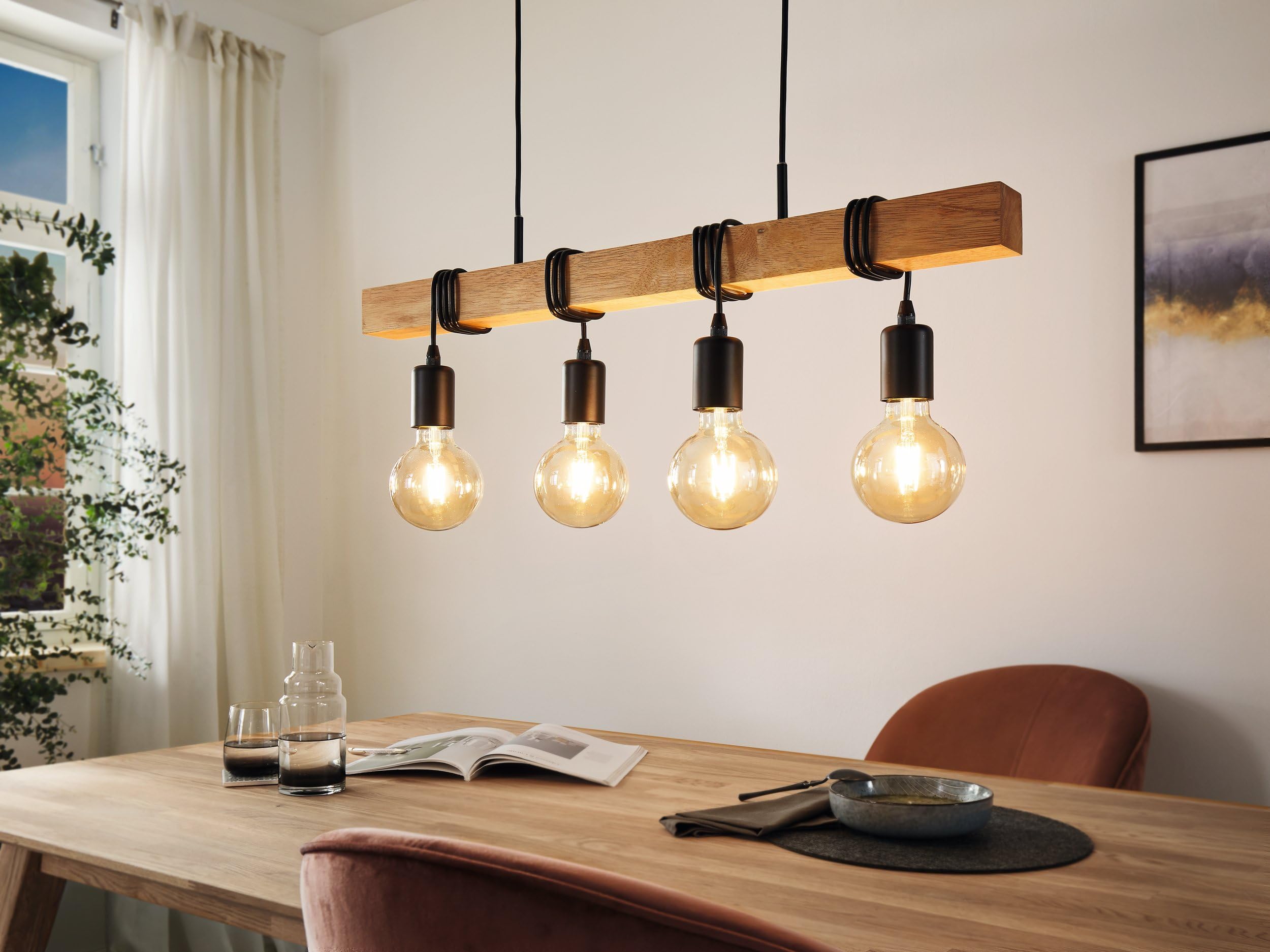 EGLO LED Hängelampe Townshend, 4-flammige Vintage Pendelleuchte über | Esstisch, Deckenlampe hängend im Industrial Design, Esszimmerlampe aus hellem Holz und Stahl, FSC, inkl. E27 Leuchtmittel
