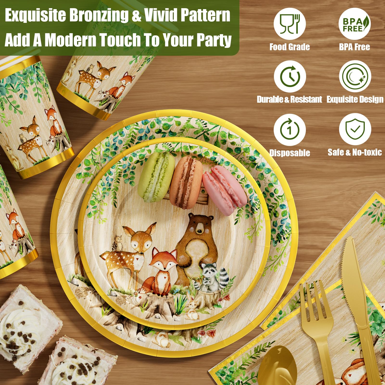 Ecomore Woodland Baby Shower Py Supplies Boy or Girl Gender Reveal ations 247 PCS Forest Animal Birthday & Disposable Dinnerware Set (25 Guest) with Paper Plates Cup Backdrop Balloon Garland Kit