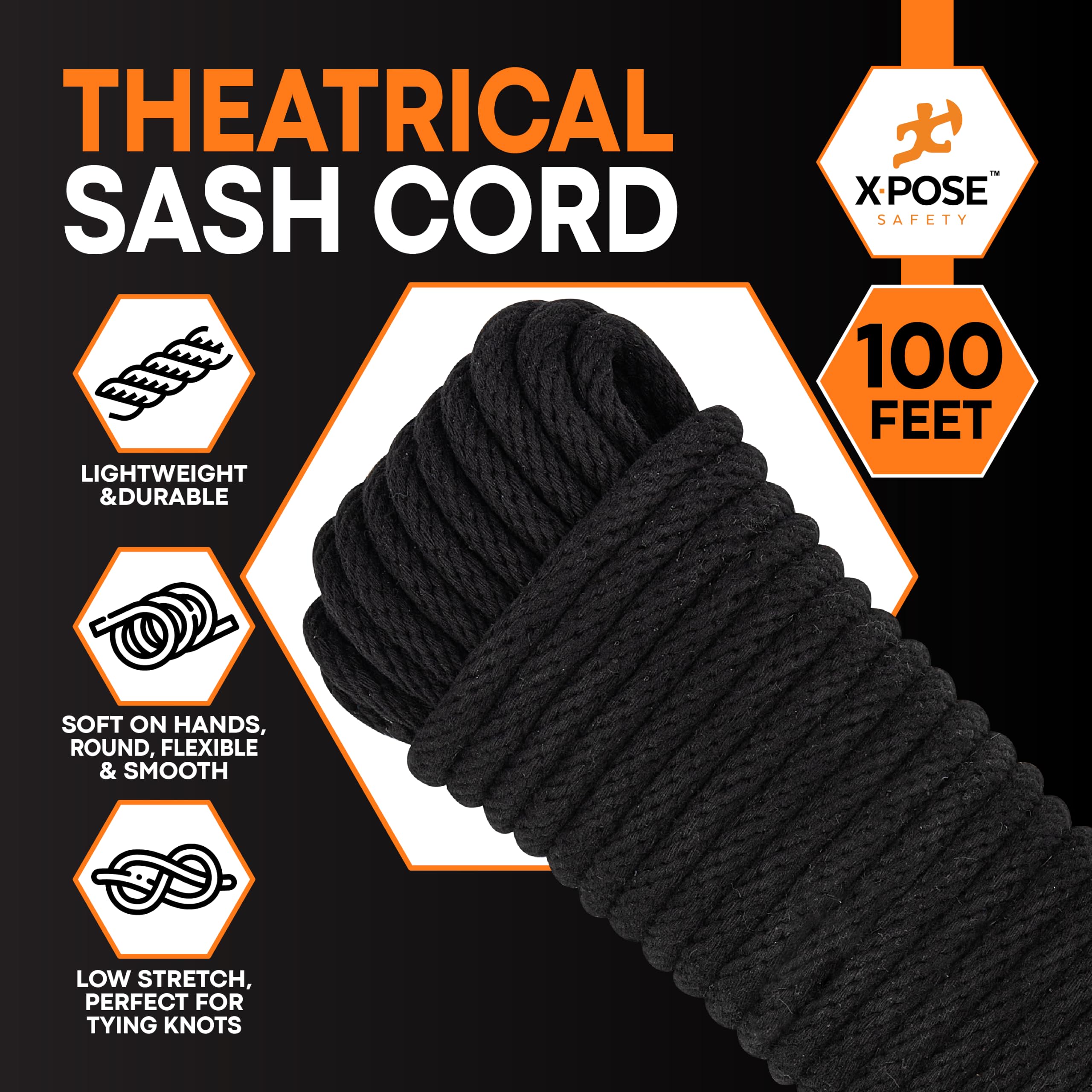 Cuerda de algodón y nailon, cuerda de 3/16 pulgadas x 100 pies, cuerda de algodón negro con núcleo de nailon, cuerda de ventana, cuerda de tendedero, cordón de baja elasticidad, línea sintética con