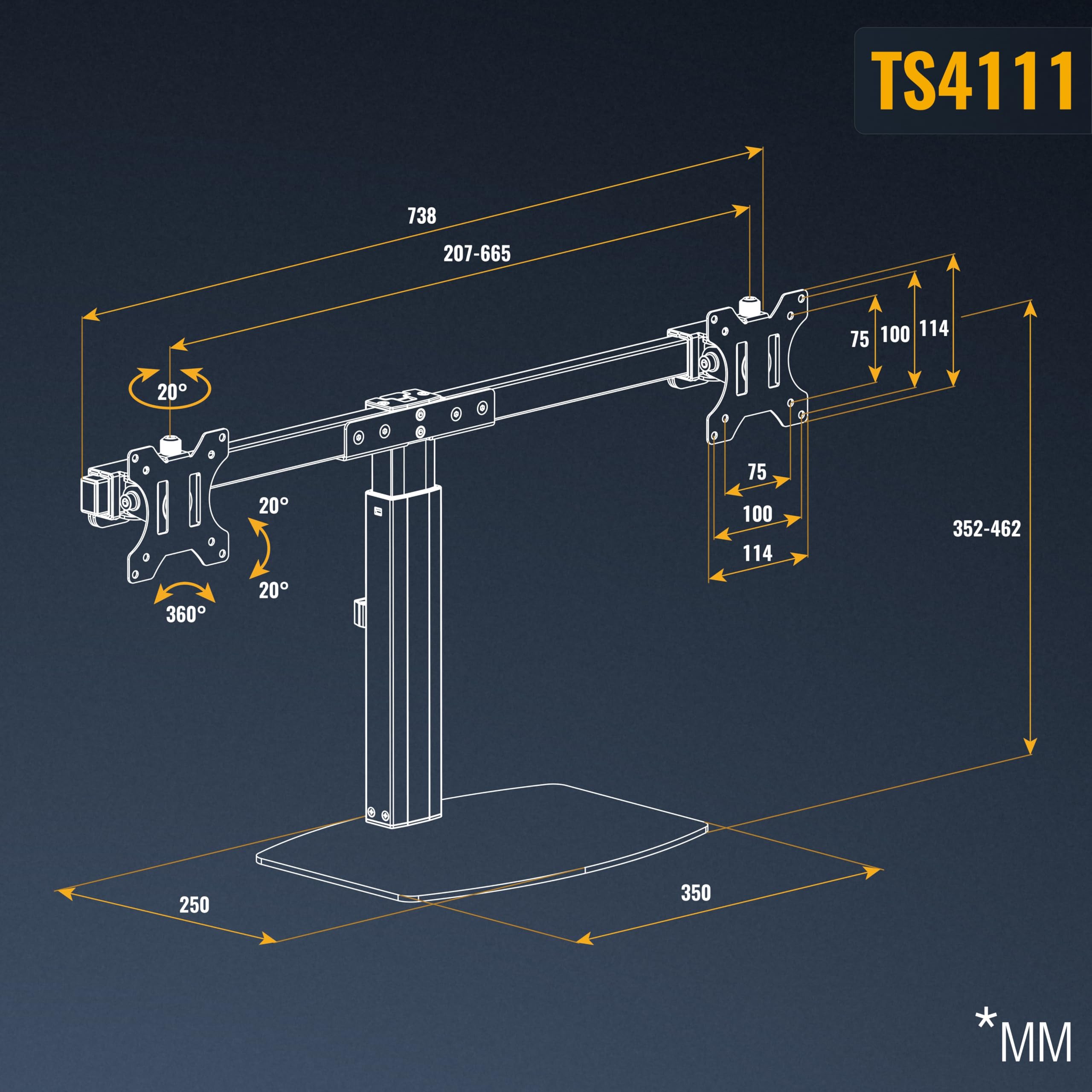 RICOO TS4111 Dual Support Écran PC 2 Écrans 13 17 19 22 24 27 Pouces VESA 75x75 100x100 Ressort à gaz Orientable Inclinable Rotatif Universel Socle Moniteur sur Pied